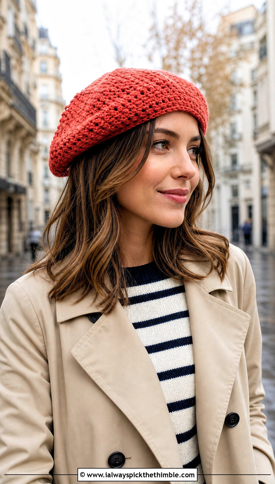 Crochet Beret With Trench Coat And Ankle Jeans - 25 quick crochet hat outfit ideas