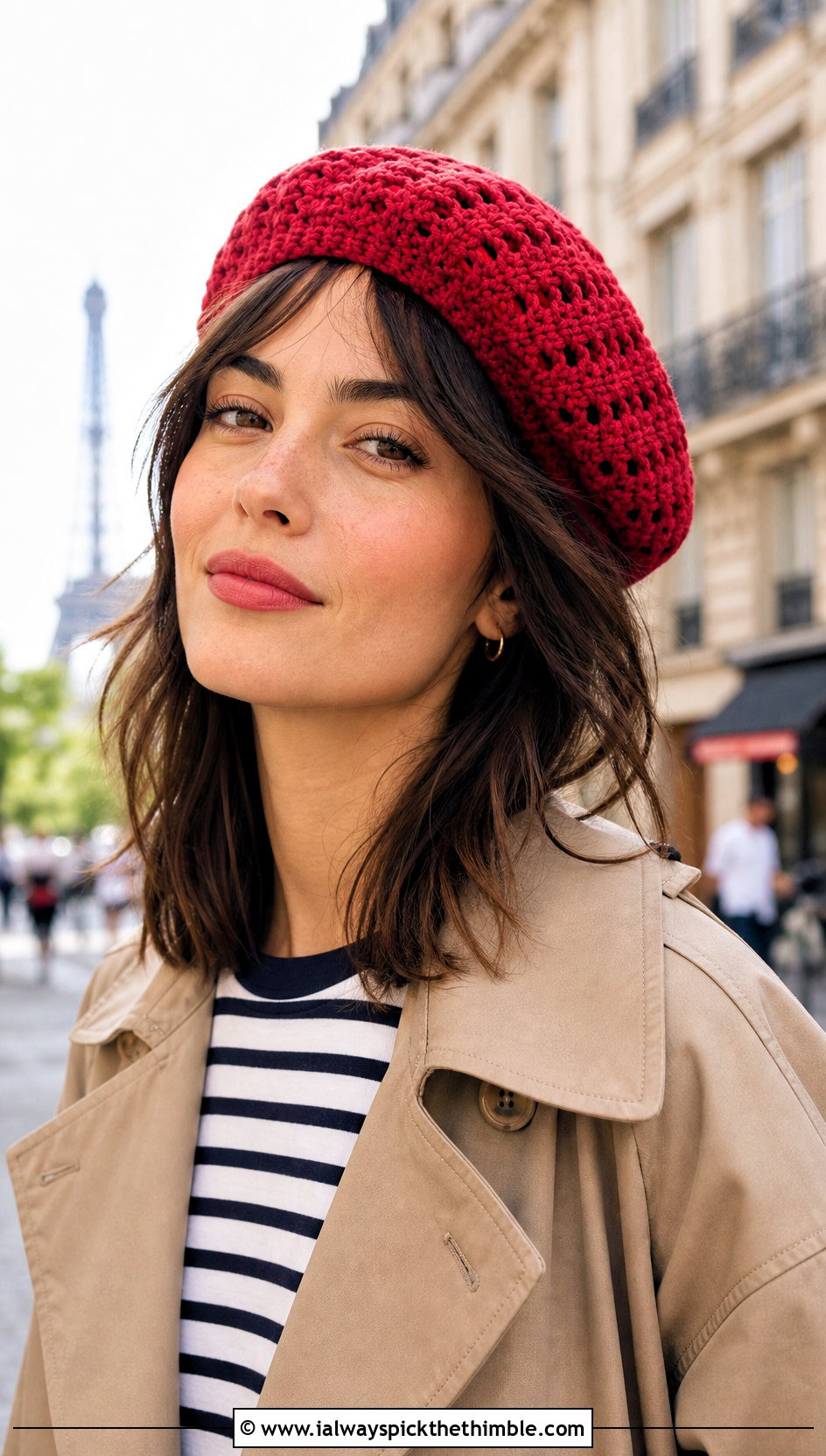 Crochet Beret With Trench Coat And Jeans - 20 Quick Crochet Hats outfit ideas