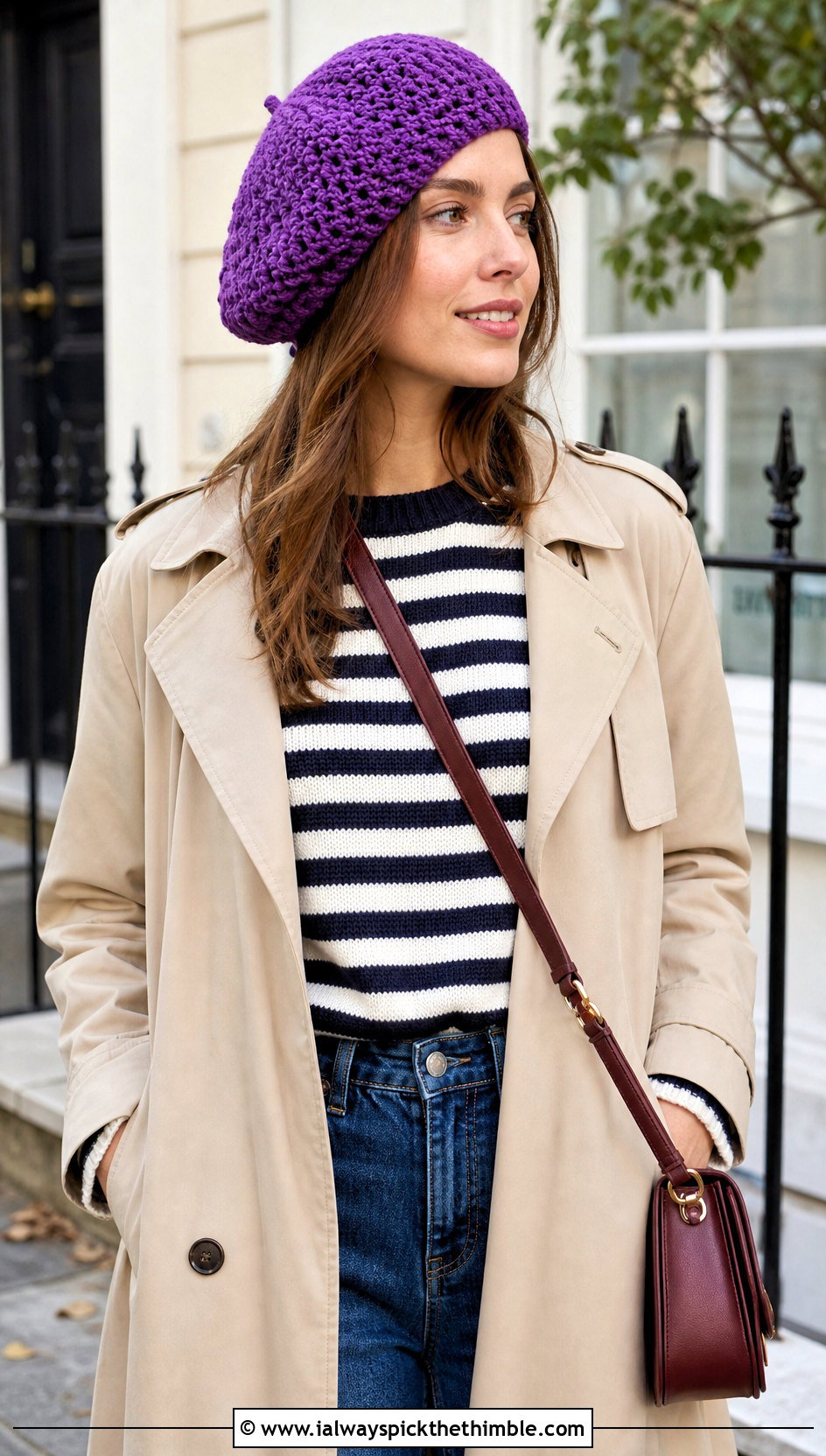 Crochet Beret With Trench Coat And Loafers - 20 Women Crochet Hats outfit ideas