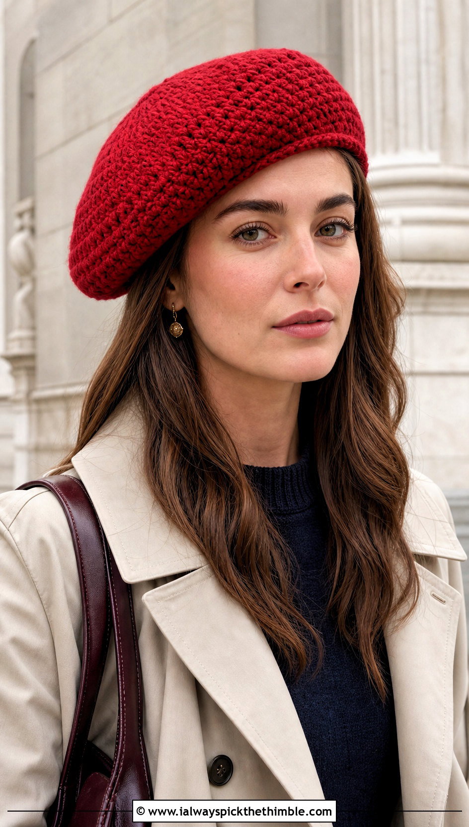 Crochet Beret With Trench Coat And Loafers - 15 Crochet Hats All Sizes outfit ideas
