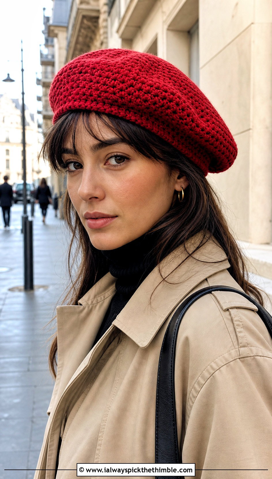 Crochet Beret With Trench Coat And Straight Jeans - 20 Warm Crochet Hat outfit ideas