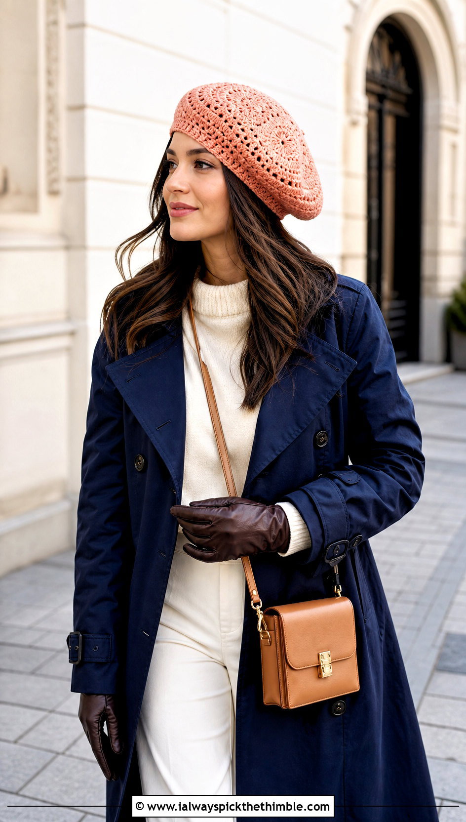 Crochet Beret With Trench Coat - 15 Crochet Warm Winter Hat outfit ideas