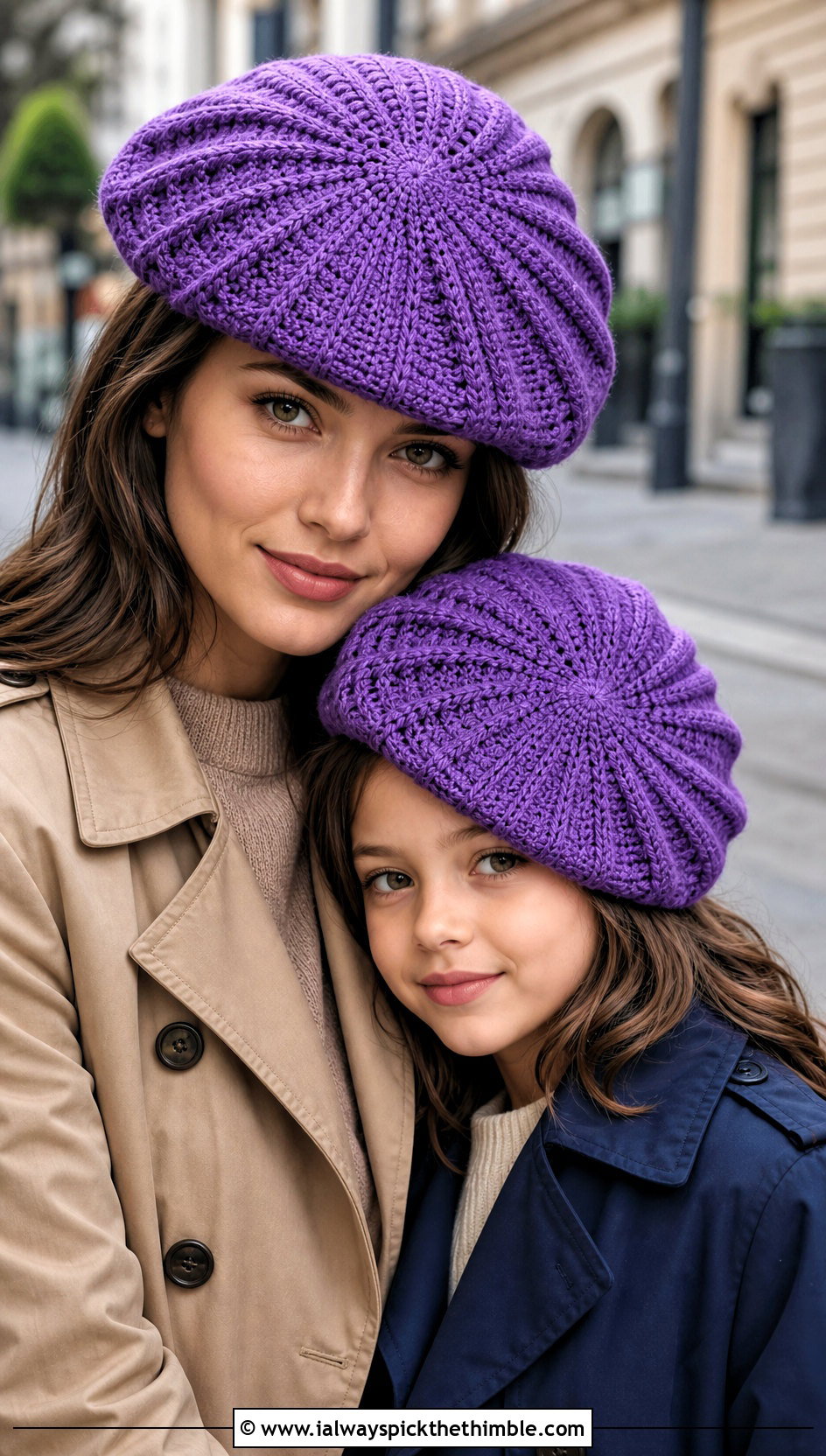 Crochet Beret With Trench Coats And Tailored Pants - 20 crochet mommy and me hats outfit ideas
