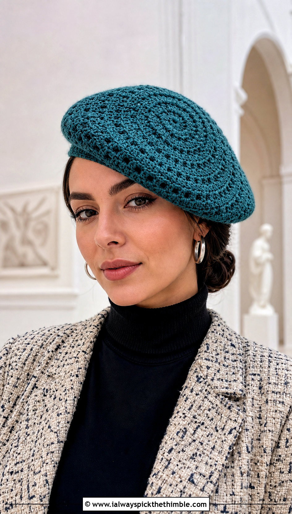 Crochet Beret With Tweed Jacket And Jeans - 25 Crochet Hat Inspo outfit ideas