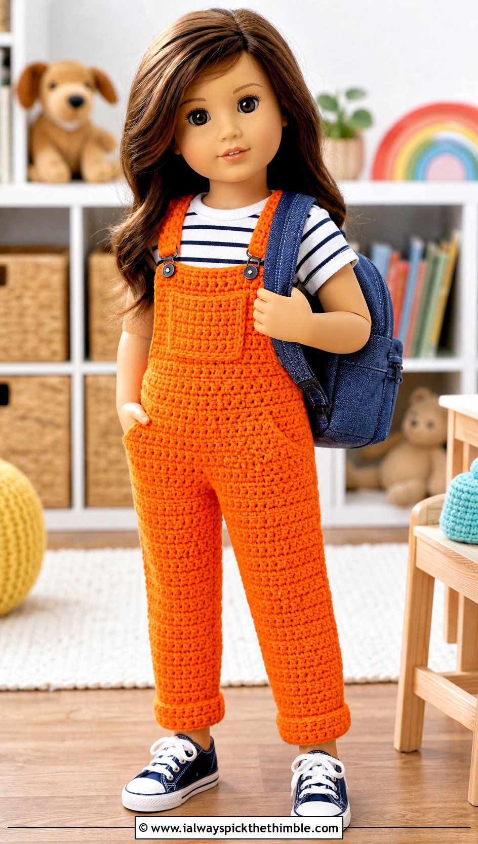 Crochet Bib Overalls With Striped T Shirt - 25 crochet doll clothes and outfit ideas