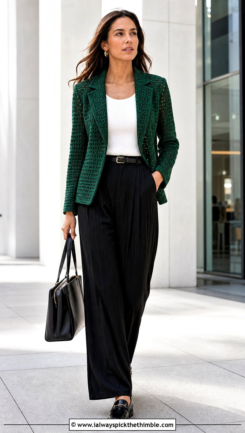 Crochet Blazer Jacket With Pleated Trousers - 25 crochet jacket outfit ideas