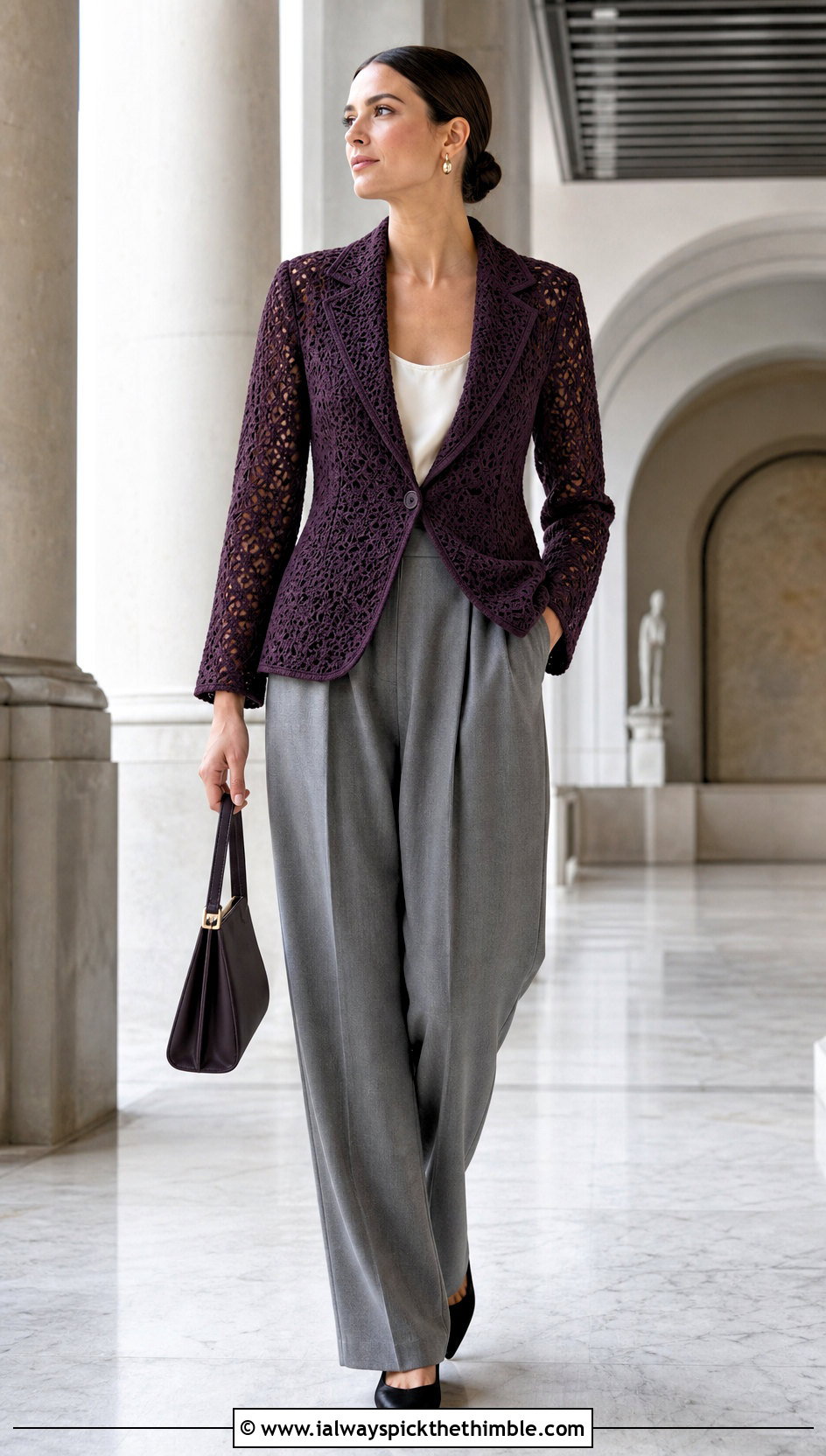 Crochet Blazer Jacket With Pleated Trousers - 15 crochet vest coats & jackets outfit ideas