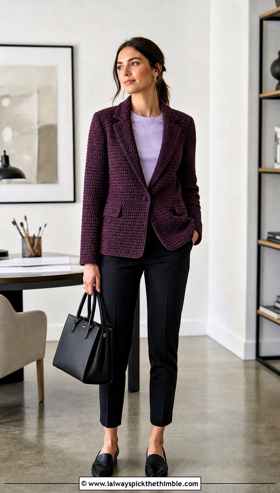 Crochet Blazer With Black Ankle Pants - 20 Crochet Clothes For Work outfit ideas