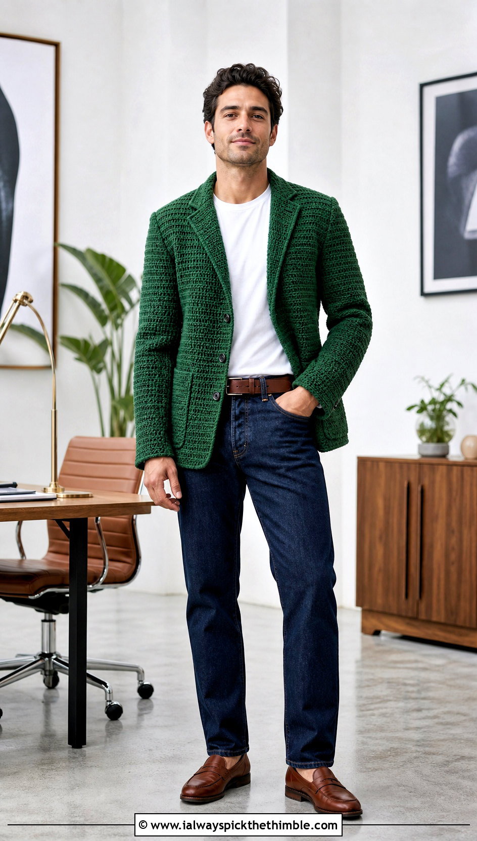 Crochet Blazer With T Shirt And Dark Jeans - 25 crochet outfits for men outfit ideas