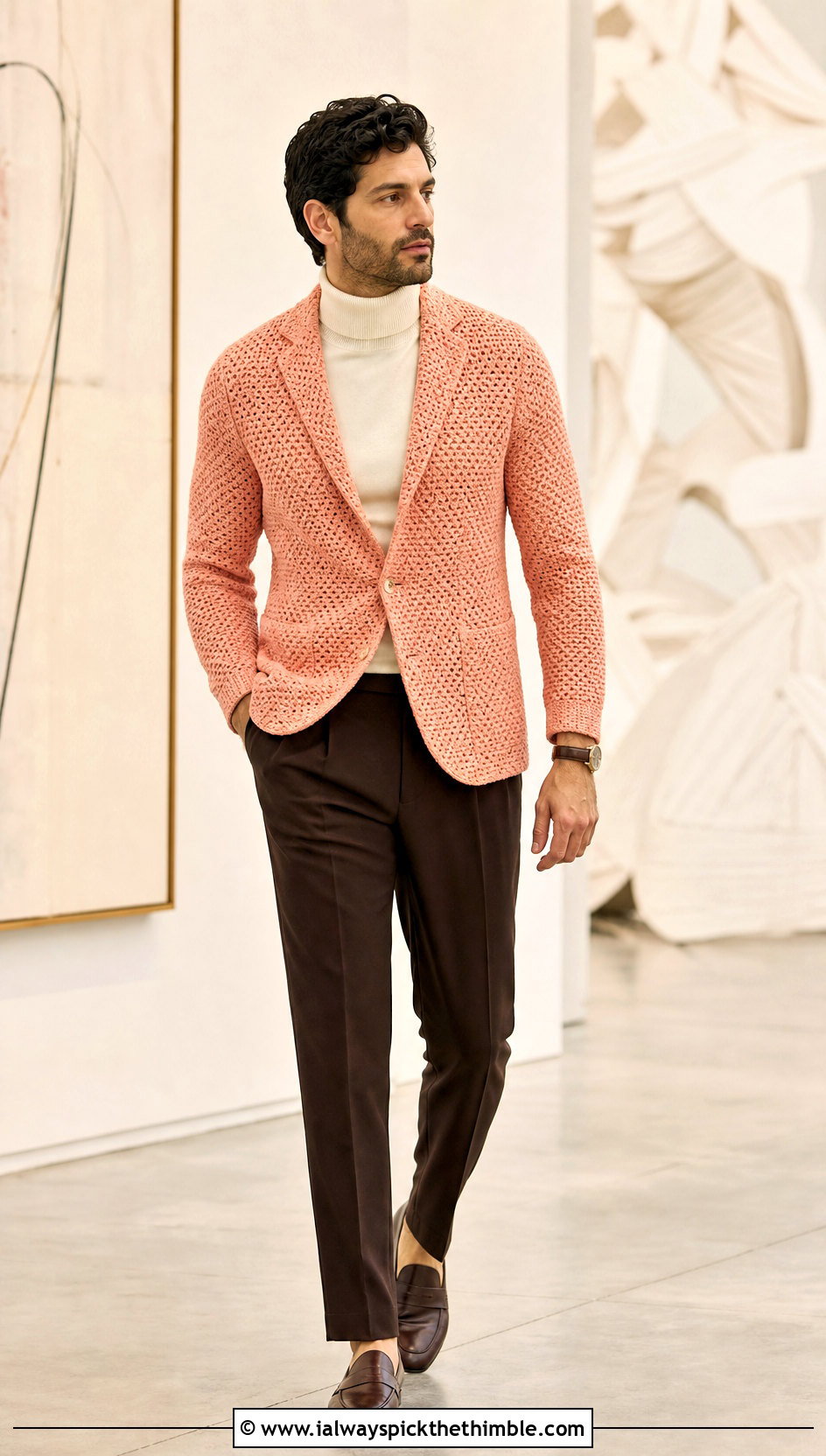 Crochet Blazer With Turtleneck And Tailored Trousers - 20 Crochet Men Clothing and outfit ideas