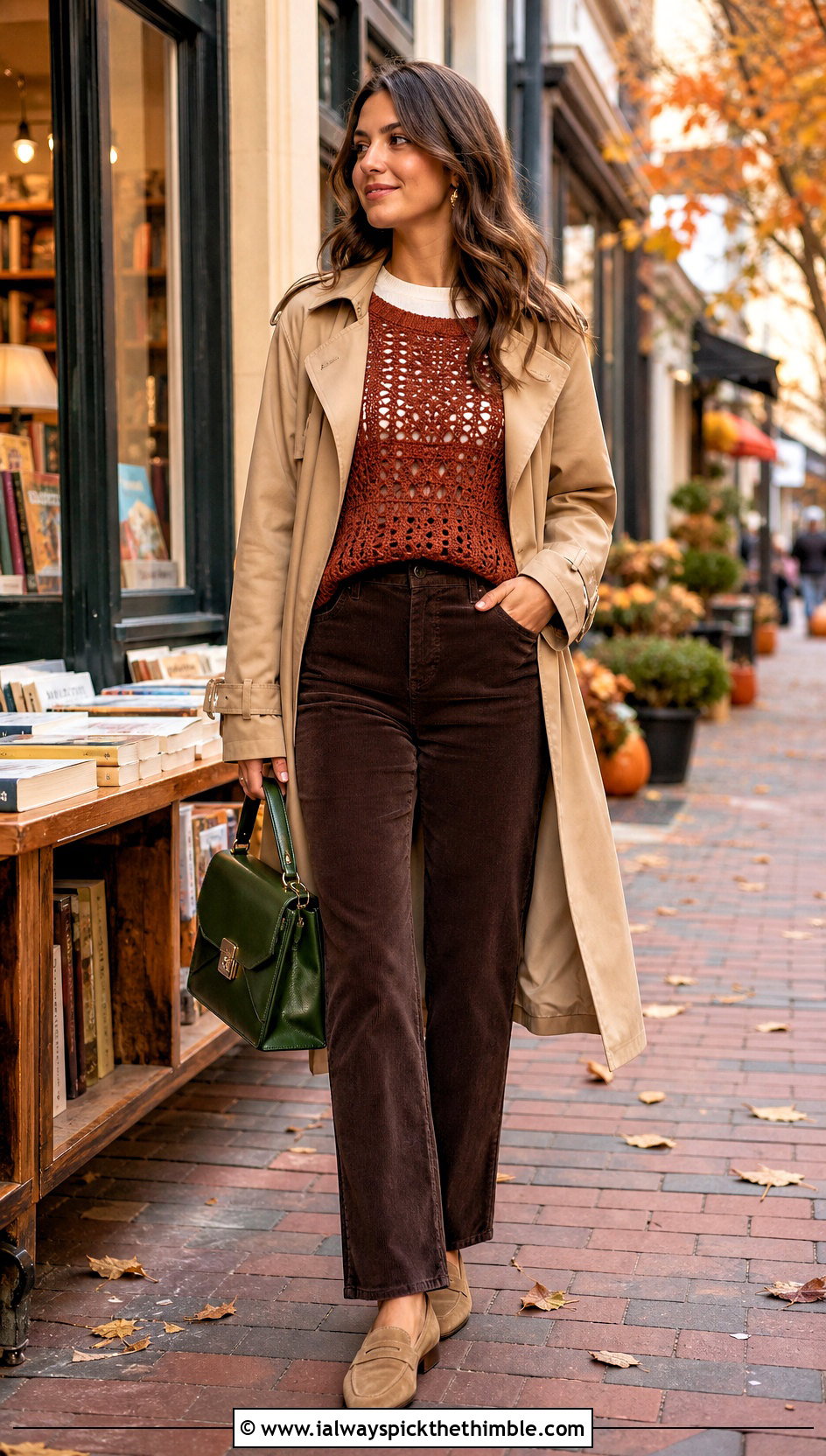 Crochet Boat Neck Top With Corduroy Trousers - 15 Crochet Lady Tops outfit ideas