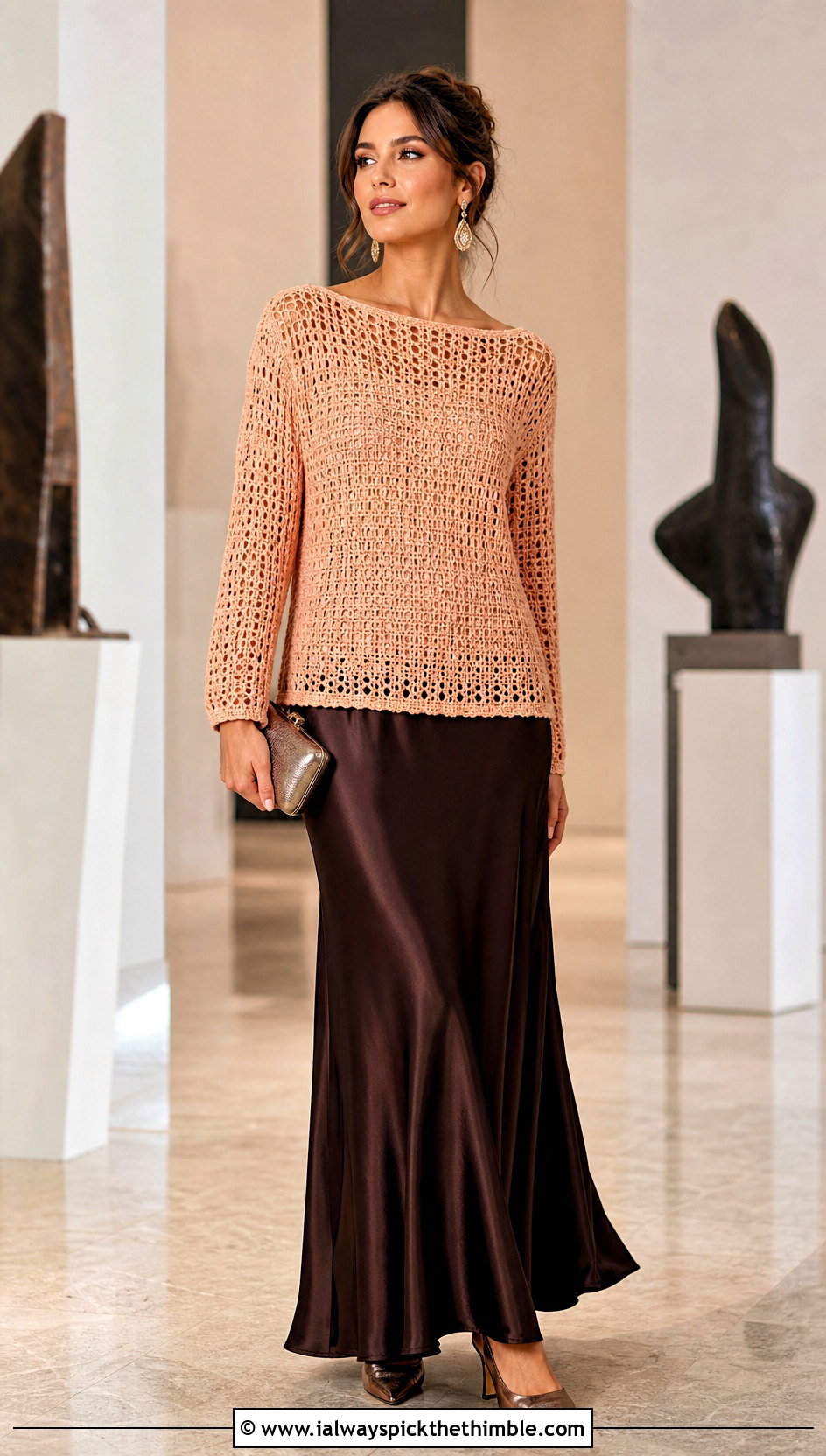 Crochet Boat Neck Top With Satin Maxi Skirt - 20 crochet top not cropped outfit ideas