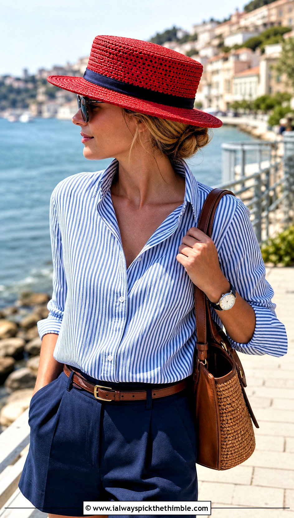 Crochet Boater Hat With Striped Shirt And Pleated Shorts - 25 summer crochet hat outfit ideas
