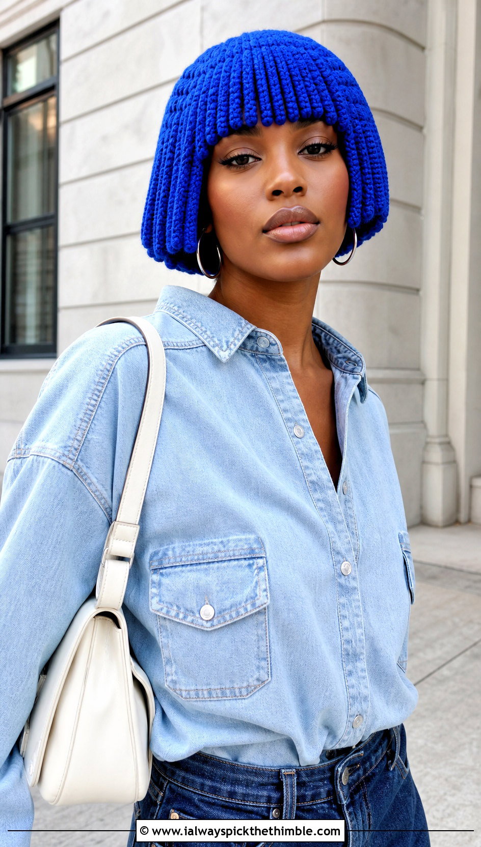 Crochet Bob Wig Hat With Denim Shirt And Barrel Jeans - 20 Crochet Wig Hat outfit ideas