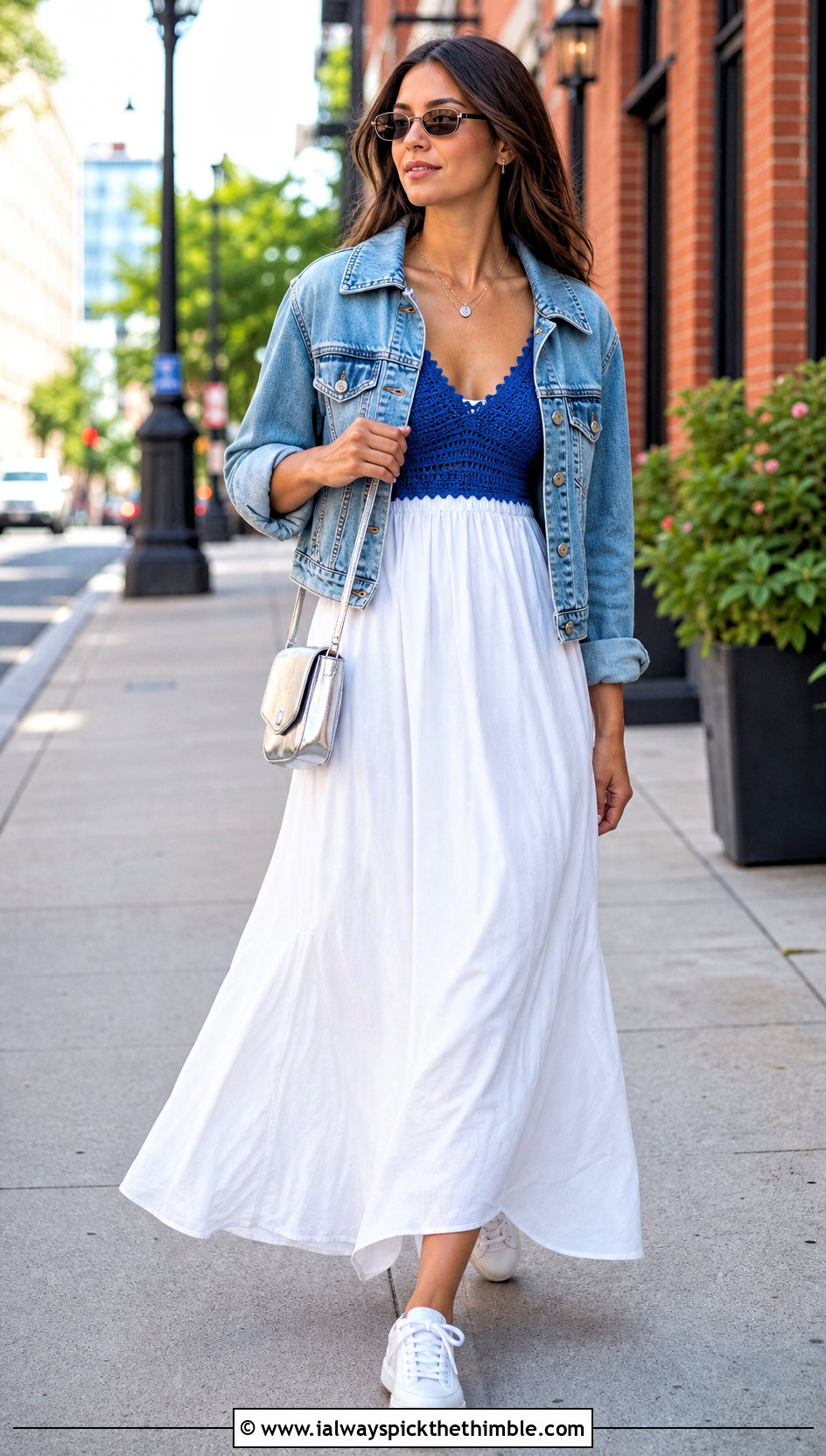 Crochet Bodice Maxi Dress With Denim Jacket - 20 crochet bodice dress outfit ideas