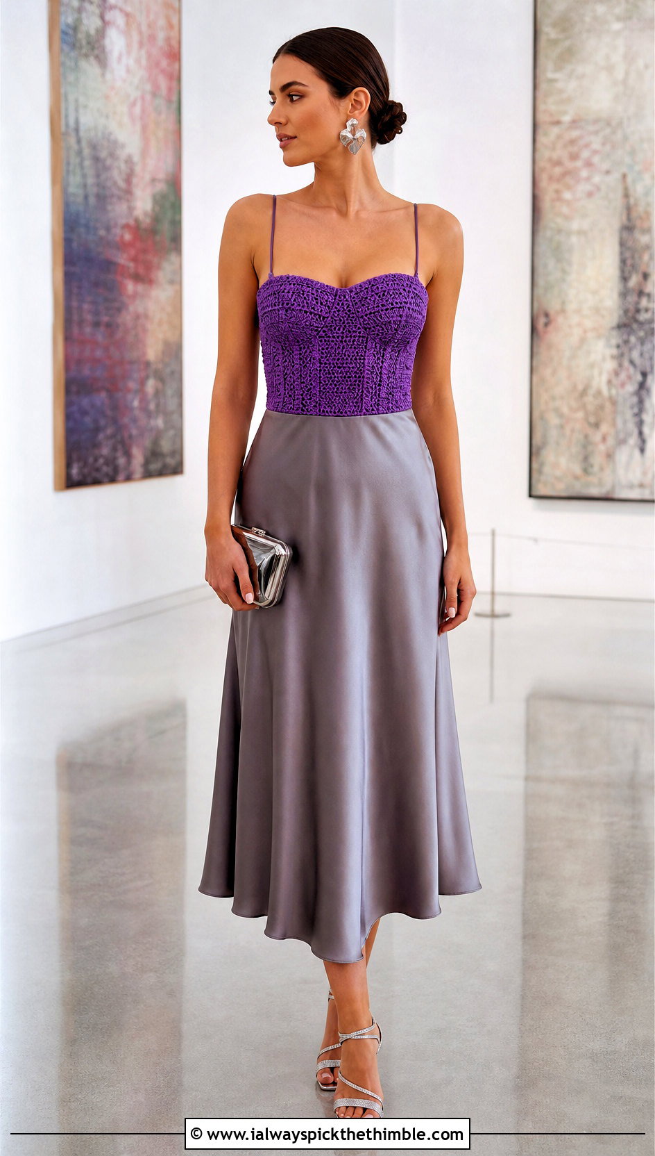 Crochet Bodice Satin Midi Dress With Strappy Heels - 15 Crochet Clothes With Fabric outfit ideas