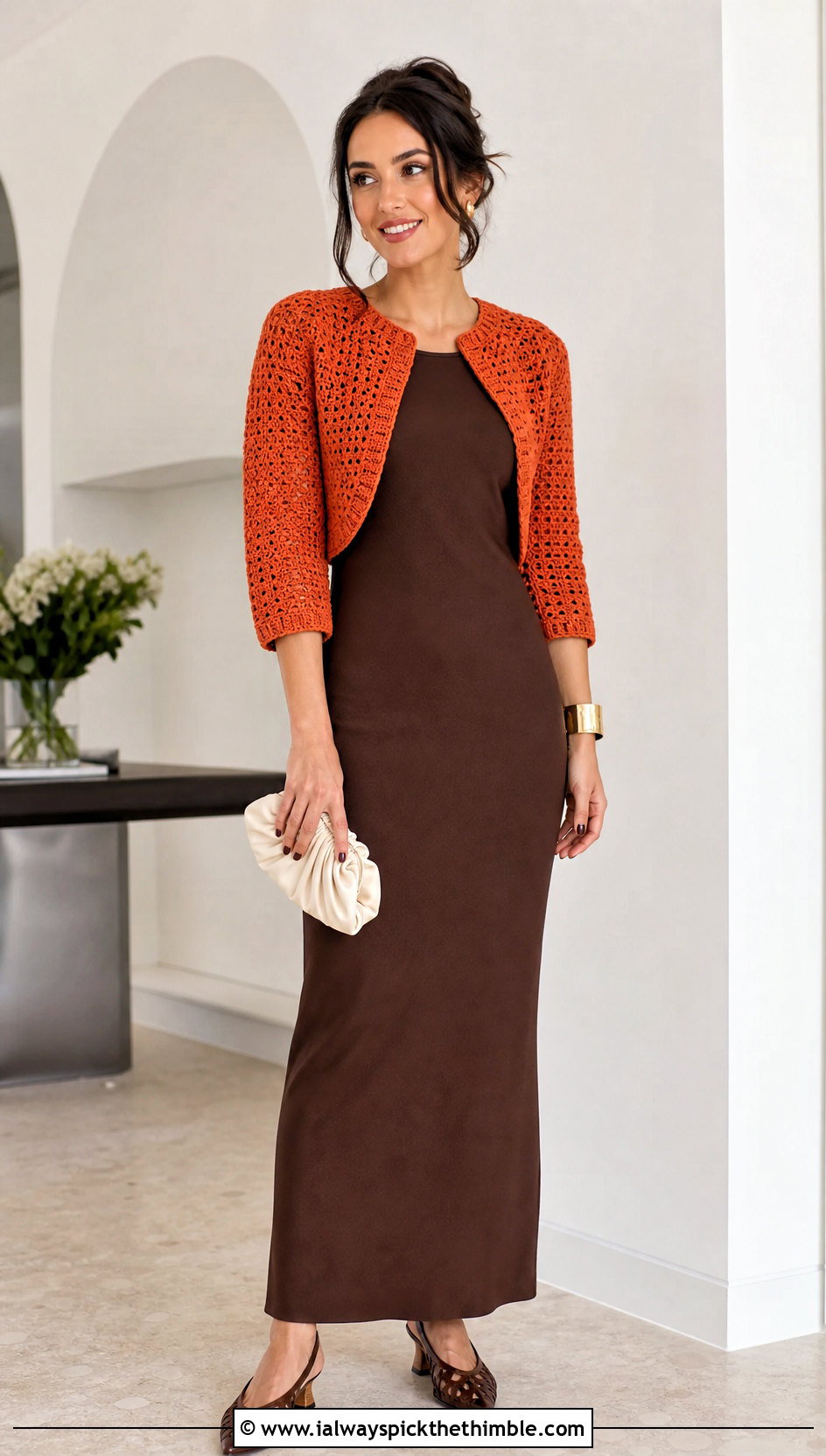 Crochet Bolero Cardigan With Column Dress - 15 Women Crochet Cardigan outfit ideas