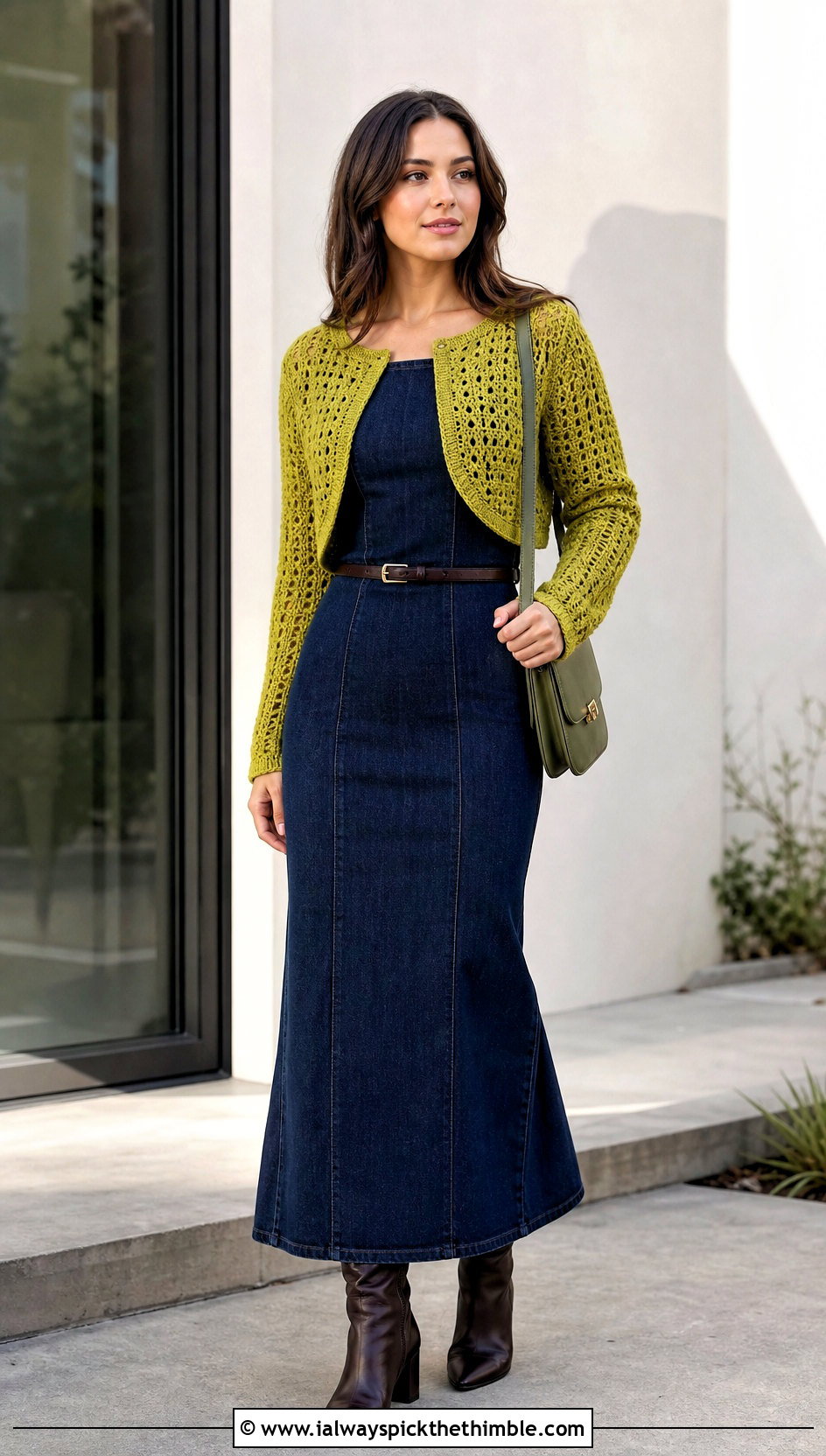 Crochet Bolero Cardigan With Denim Maxi Dress - 25 fall crochet cardigan outfit ideas