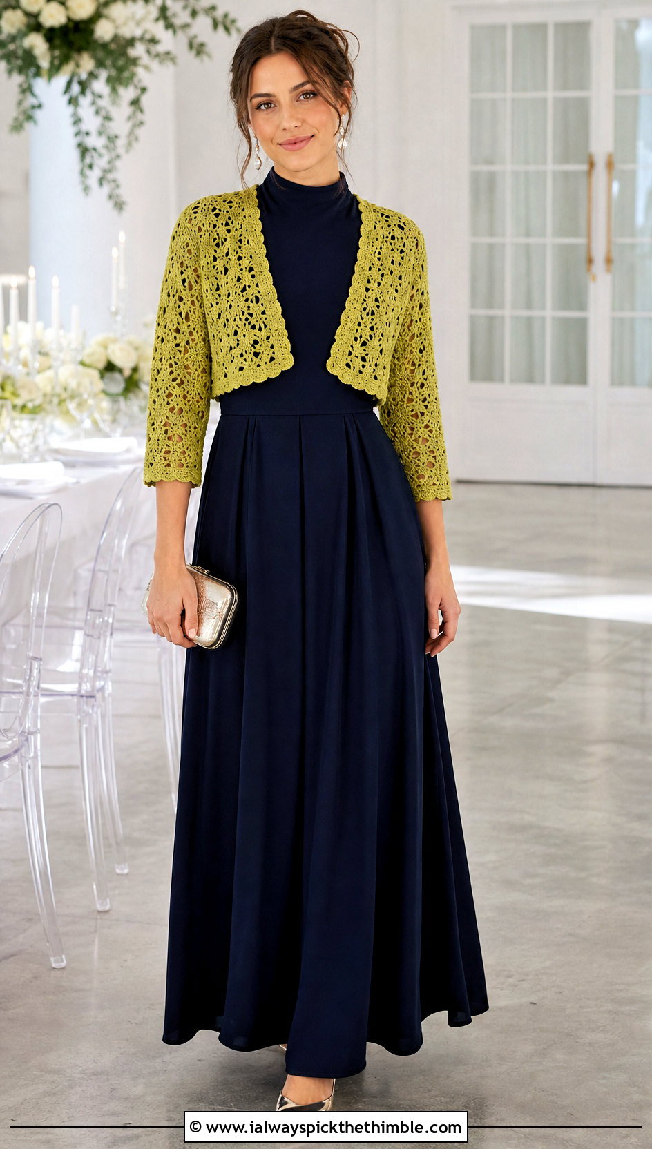 Crochet Bolero Cardigan With High Neck Maxi Dress - 15 easiest crochet cardigan outfit ideas
