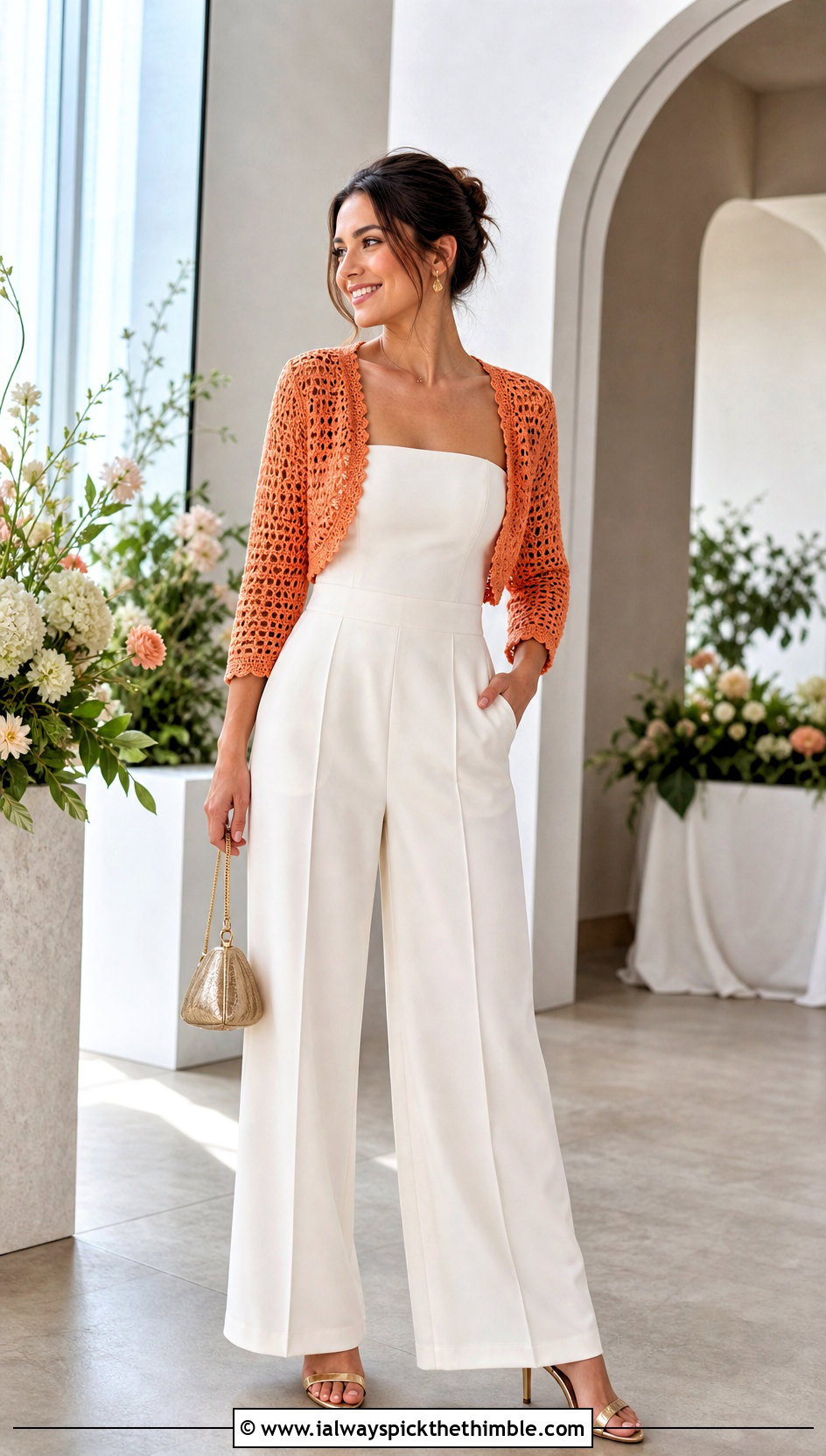 Crochet Bolero Cardigan With Strapless Jumpsuit - 25 easy crochet cardigan women outfit ideas