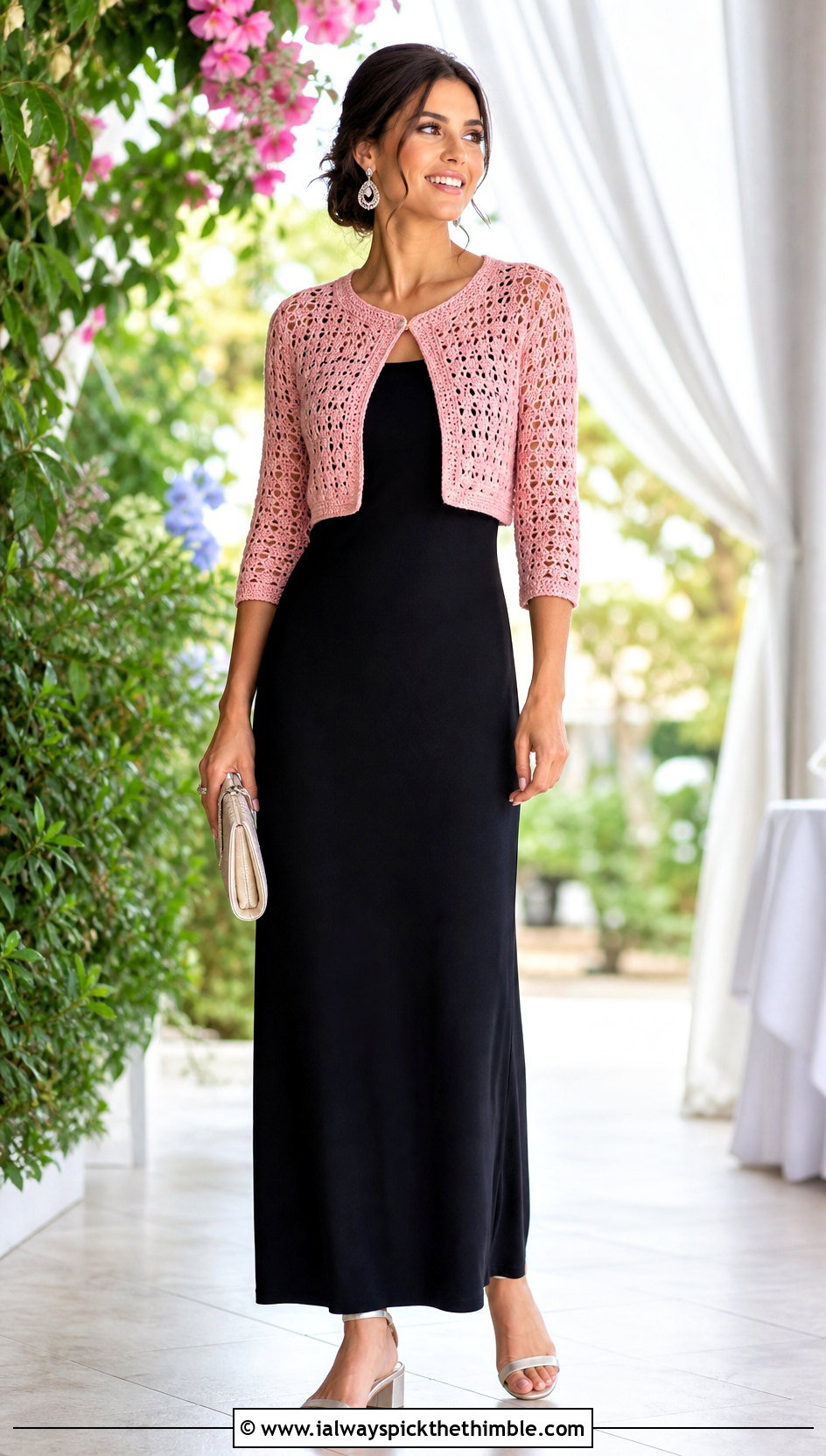 Crochet Bolero Crop Cardigan With Column Maxi Dress - 20 crochet crop cardigan outfit ideas