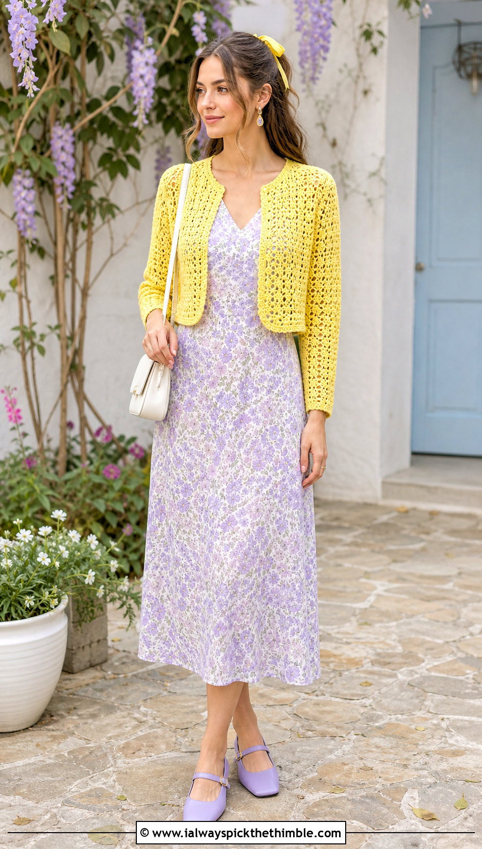 Crochet Bolero Floral Midi Dress With Mary Jane Flats - 20 crochet and fabric dress outfit ideas