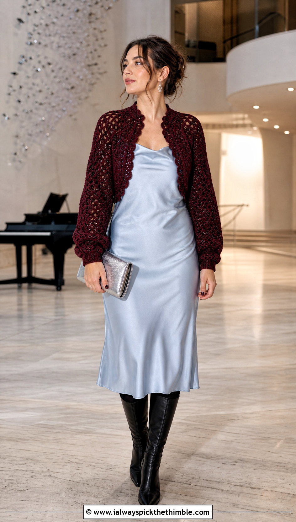 Crochet Bolero With Satin Midi Dress - 20 crochet clothes for winter outfit ideas