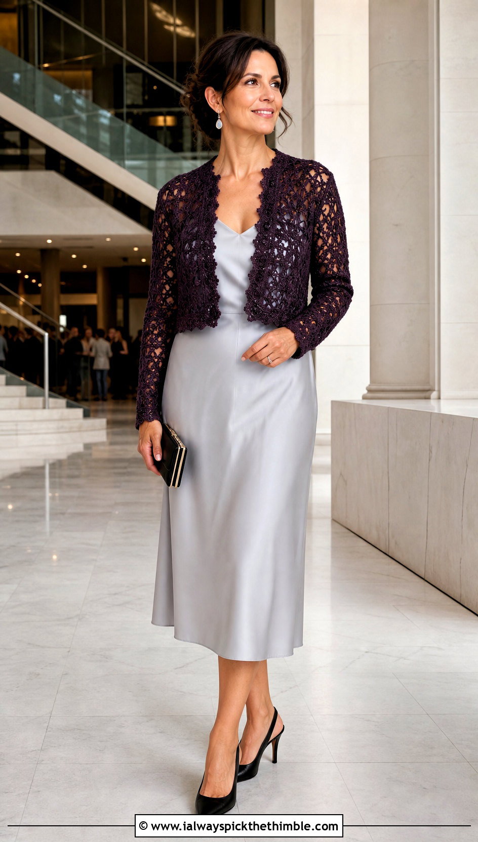 Crochet Bolero With Satin Midi Dress And Slingback Heels - 20 Fall Crochet Clothes Ideas