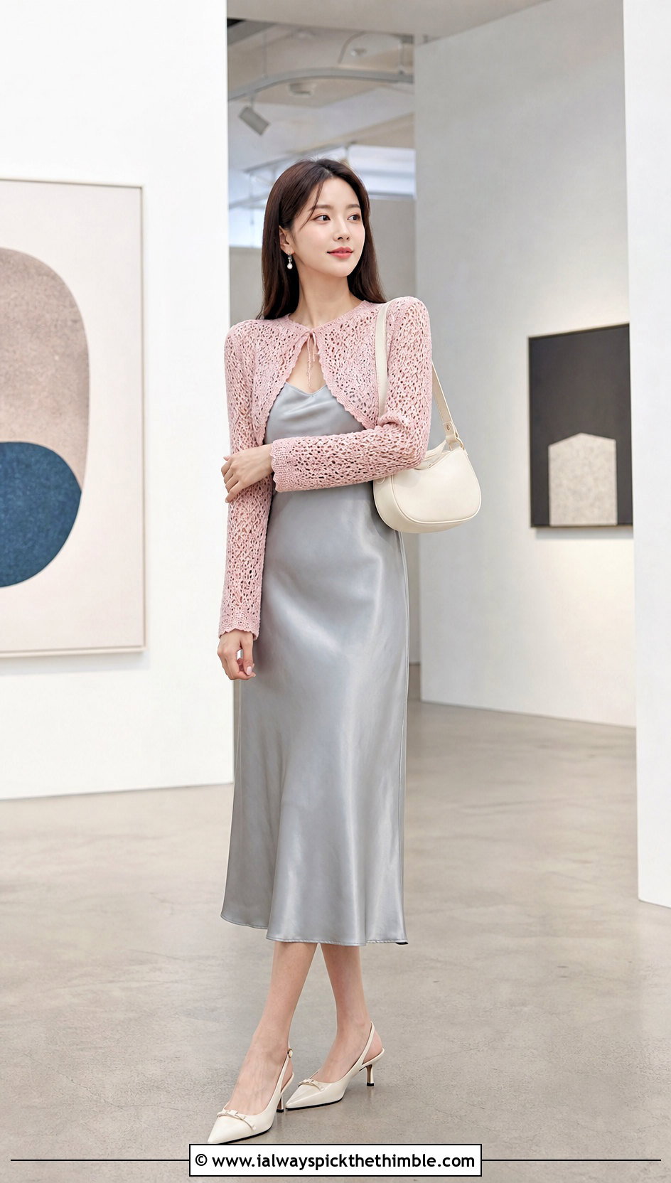 Crochet Bolero With Satin Slip Dress - 20 korean crochet outfits ideas