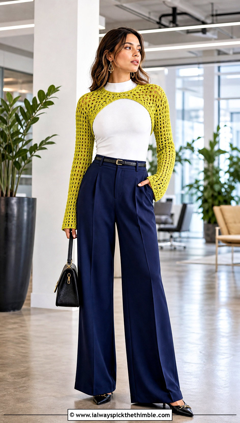 Crochet Bolero With Tank And Tailored Trousers - 20 Edgy Crochet Clothes and outfit ideas