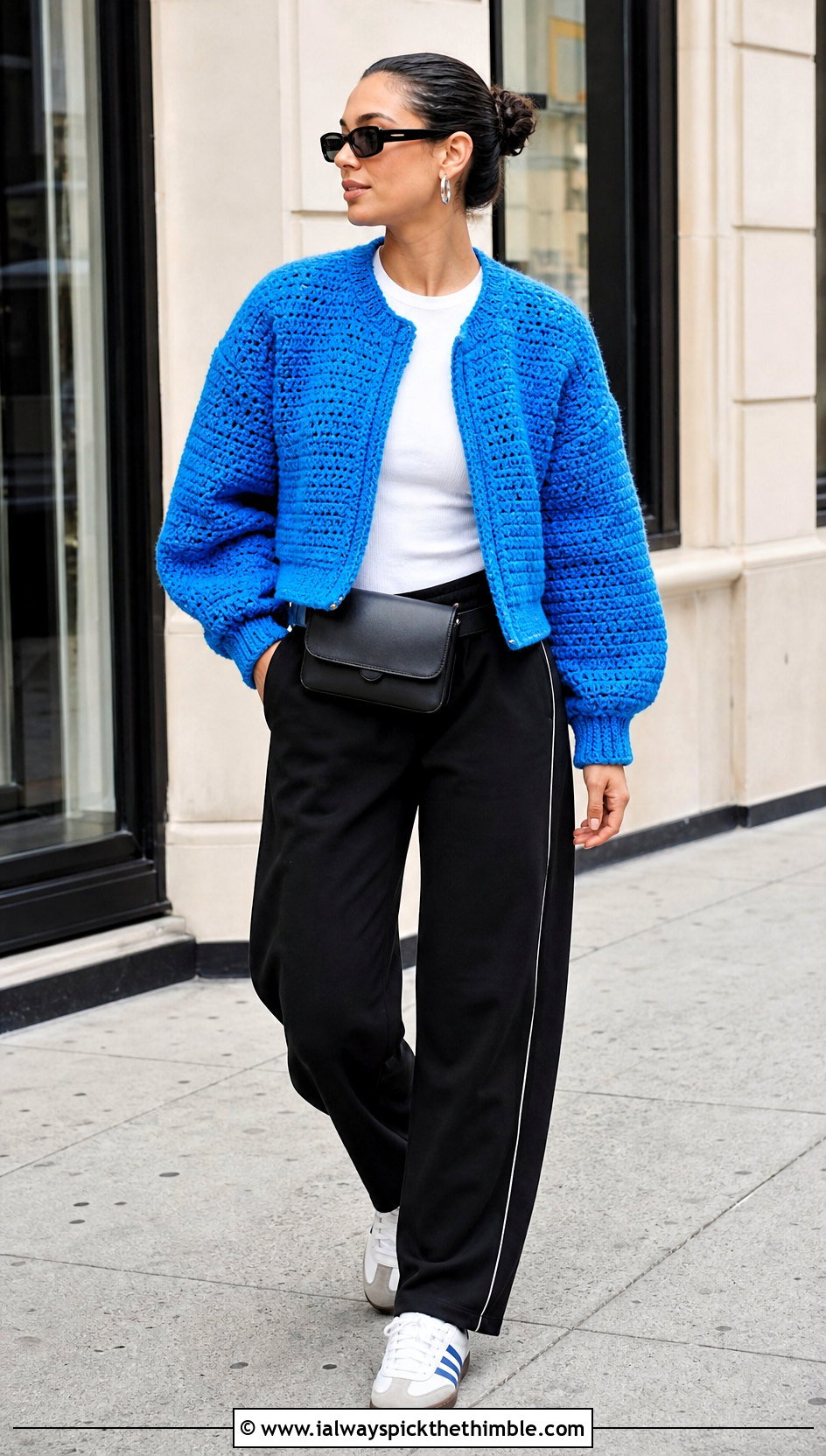 Crochet Bomber Cardigan With Track Pants - 20 witchy crochet cardigan outfit ideas