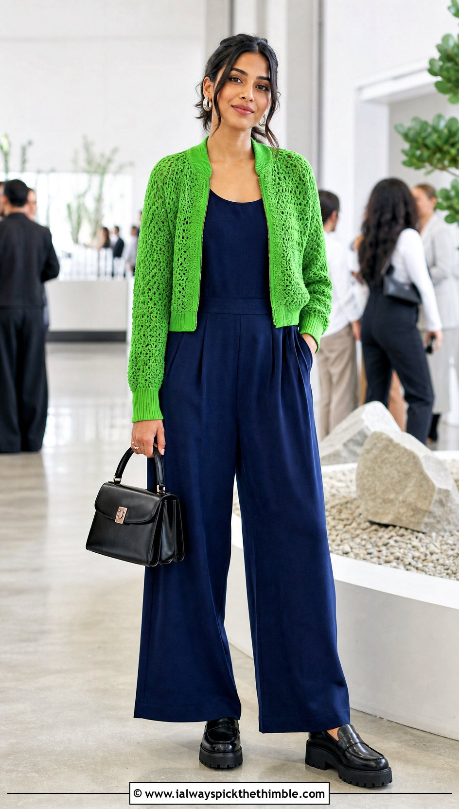 Crochet Bomber Cardigan With Wide Leg Jumpsuit - 15 Ultimate Lounge Crochet Cardigan outfit ideas