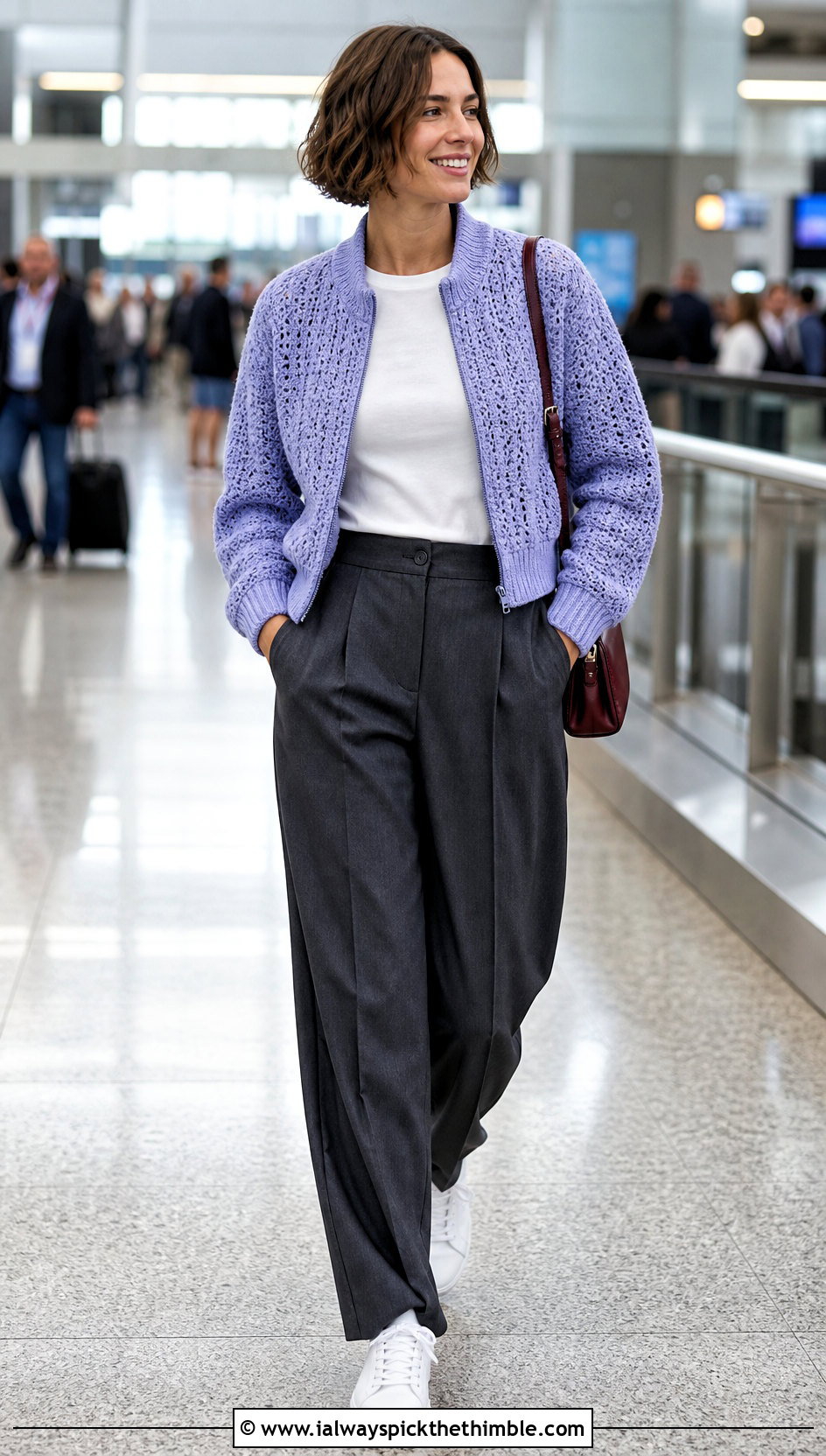 Crochet Bomber Coat With Pleated Trousers - 25 crochet coat outfit ideas