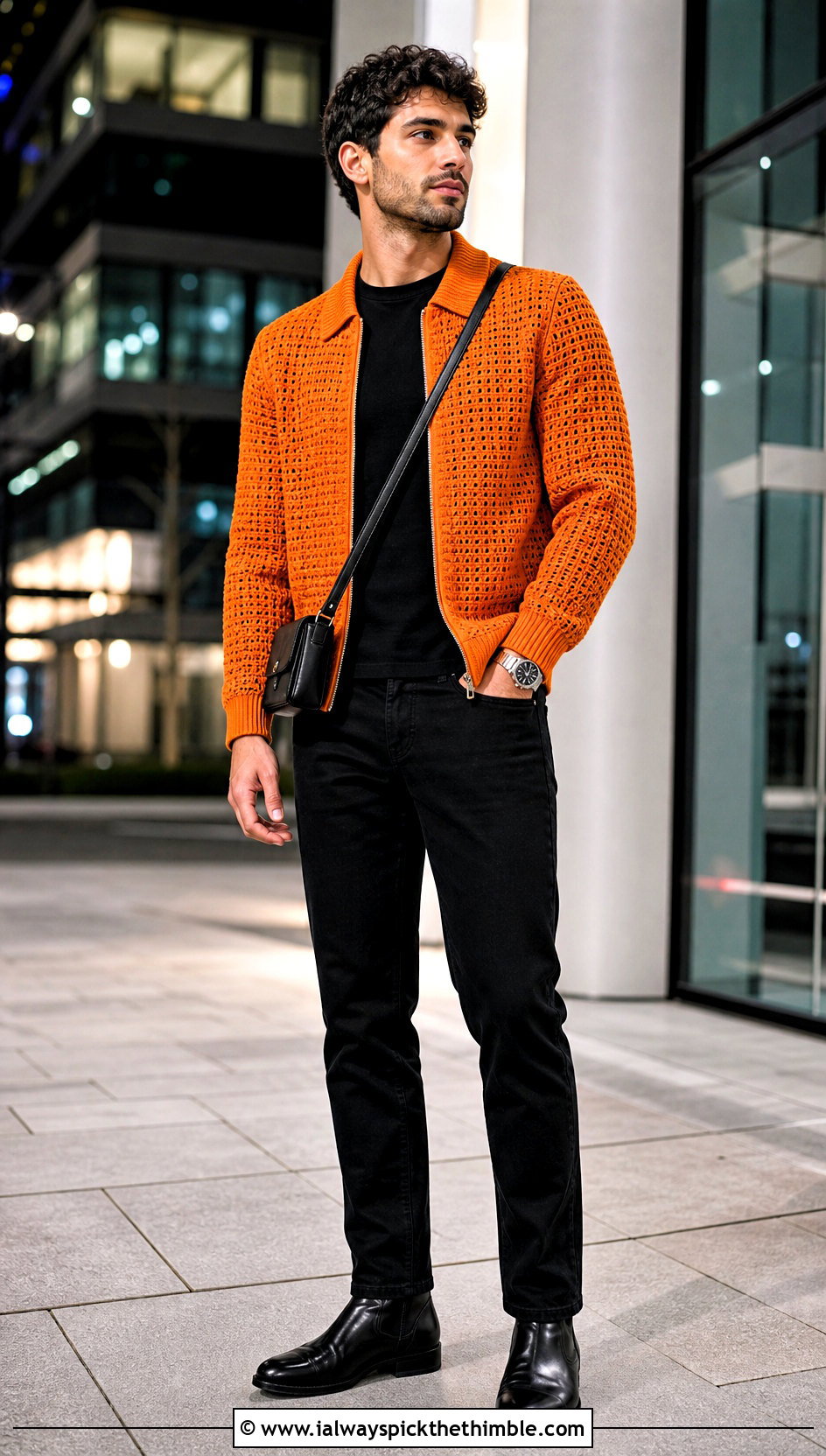 Crochet Bomber Jacket With Black Denim - 15 men crochet clothes and outfit ideas