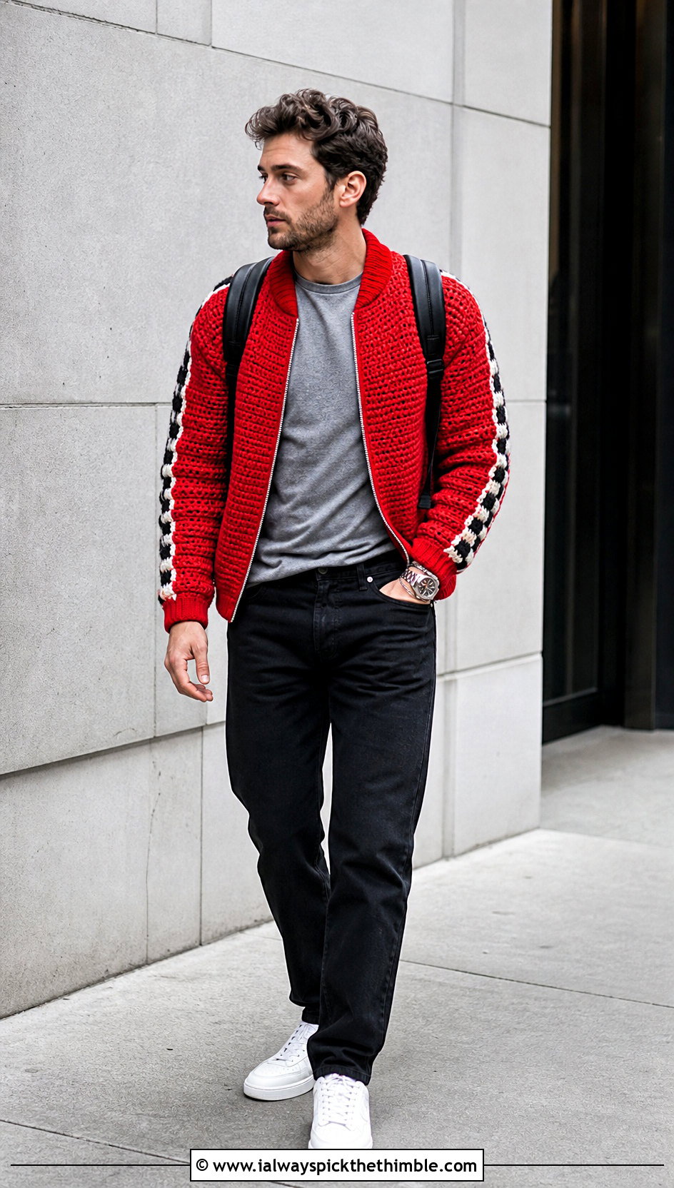 Crochet Bomber Jacket With Black Jeans - 25 crochet clothes for men outfit ideas