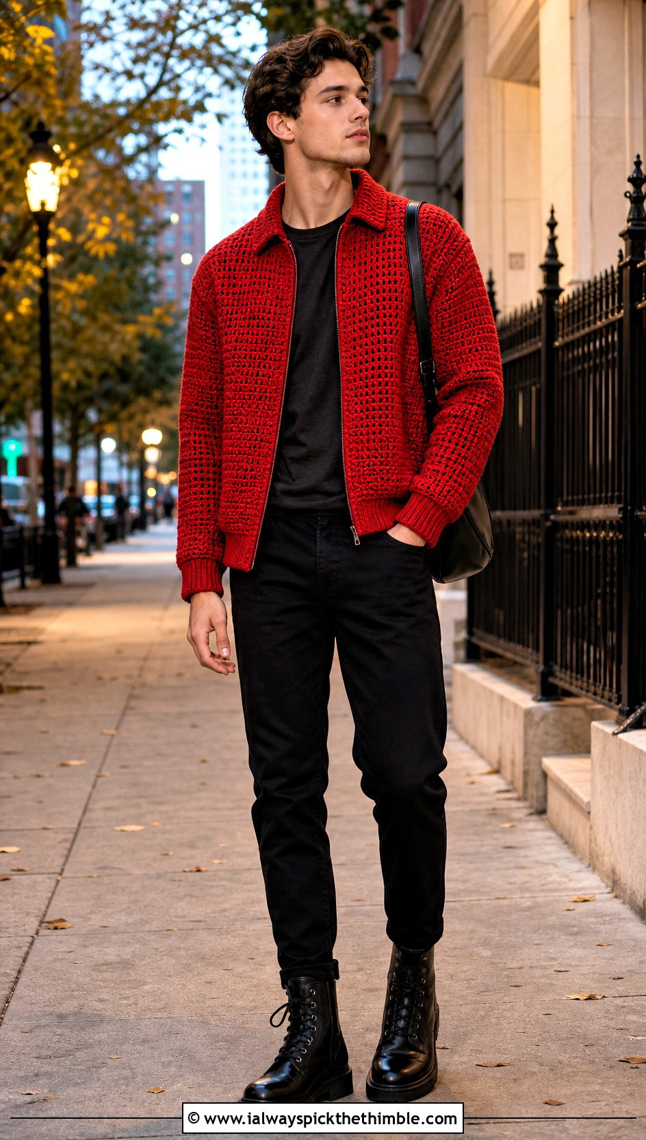 Crochet Bomber Jacket With Black Jeans - 20 Mens Crochet Outfit ideas