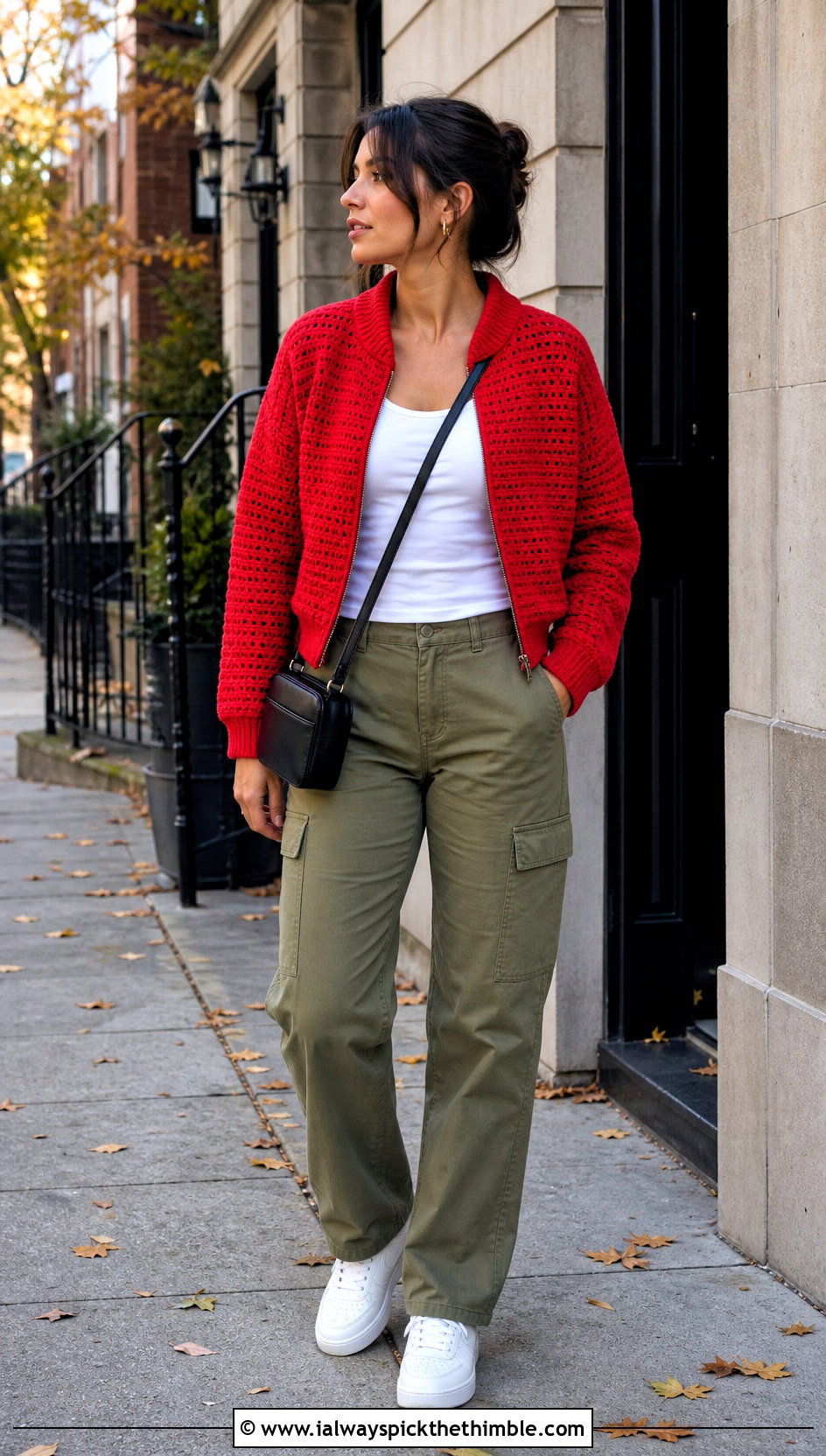Crochet Bomber Jacket With Cargo Pants - 20 Autumn Crochet Outfit ideas