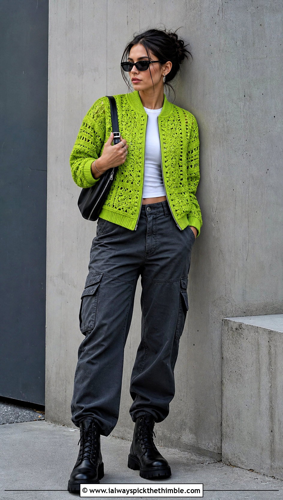 Crochet Bomber Jacket With Cargo Pants - 20 crochet clothes for winter outfit ideas