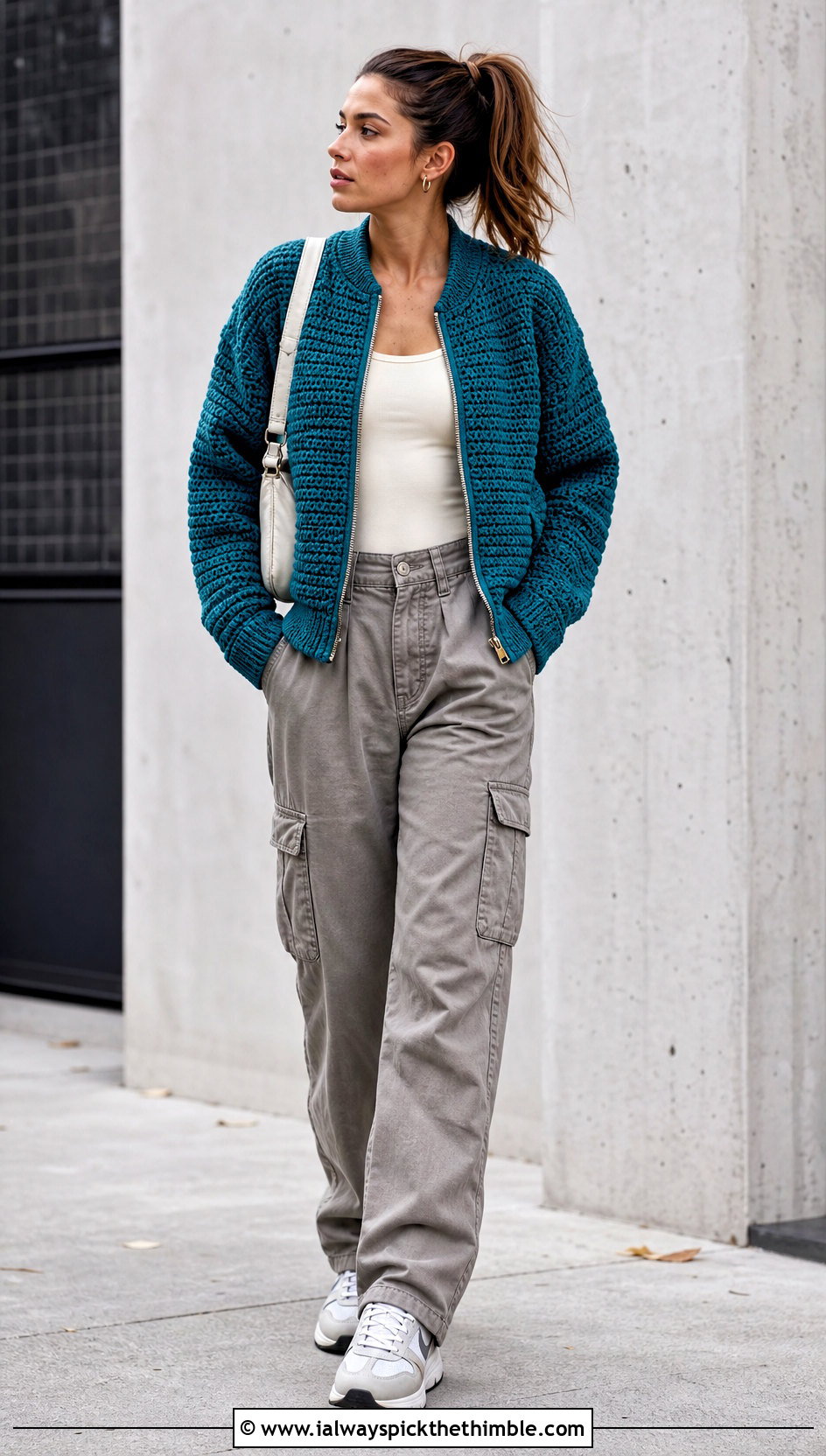 Crochet Bomber Jacket With Cargo Pants And Sneakers - 20 Fall Crochet Outfit Ideas