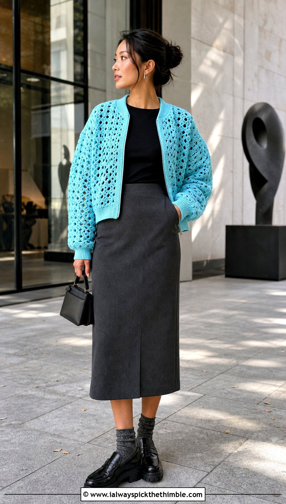 Crochet Bomber Jacket With Column Skirt And Loafers - 20 Fall Crochet Clothes Ideas
