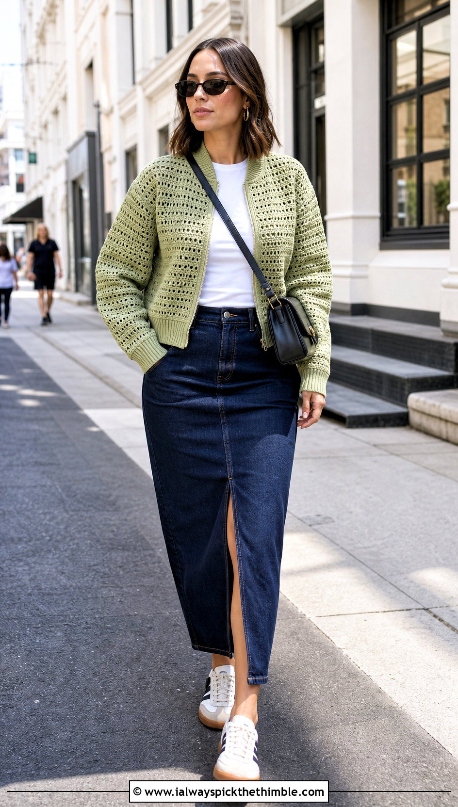 Crochet Bomber Jacket With Denim Column Skirt - 20 women crochet clothes and outfit ideas