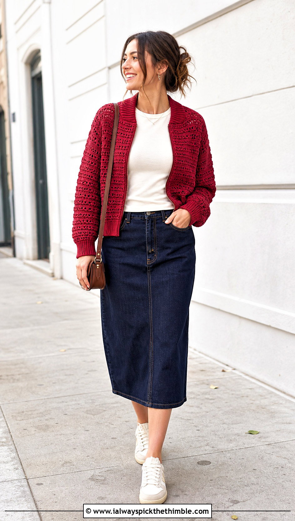 Crochet Bomber Jacket With Denim Midi Skirt - 25 crochet garments outfit ideas