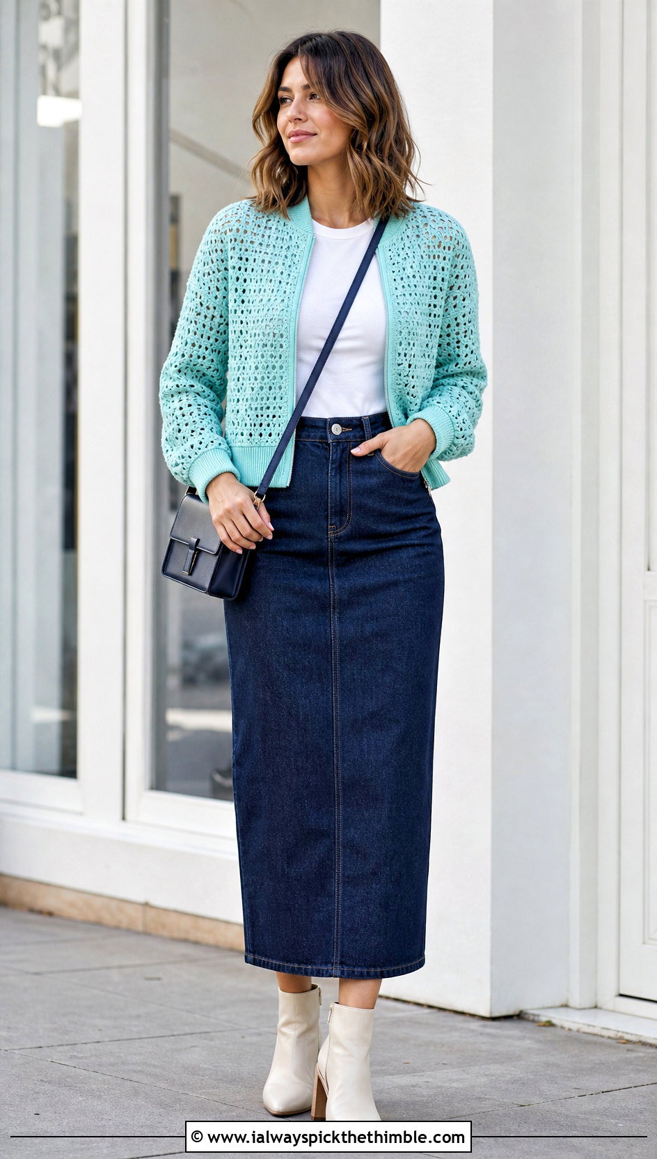 Crochet Bomber Jacket With Denim Skirt - 25 cute crochet outfits ideas