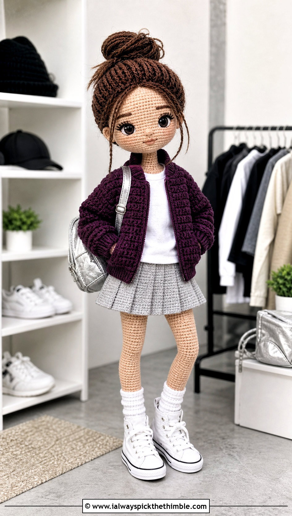Crochet Bomber Jacket With Pleated Skirt And Sneakers - 20 crochet doll and clothes and outfit ideas
