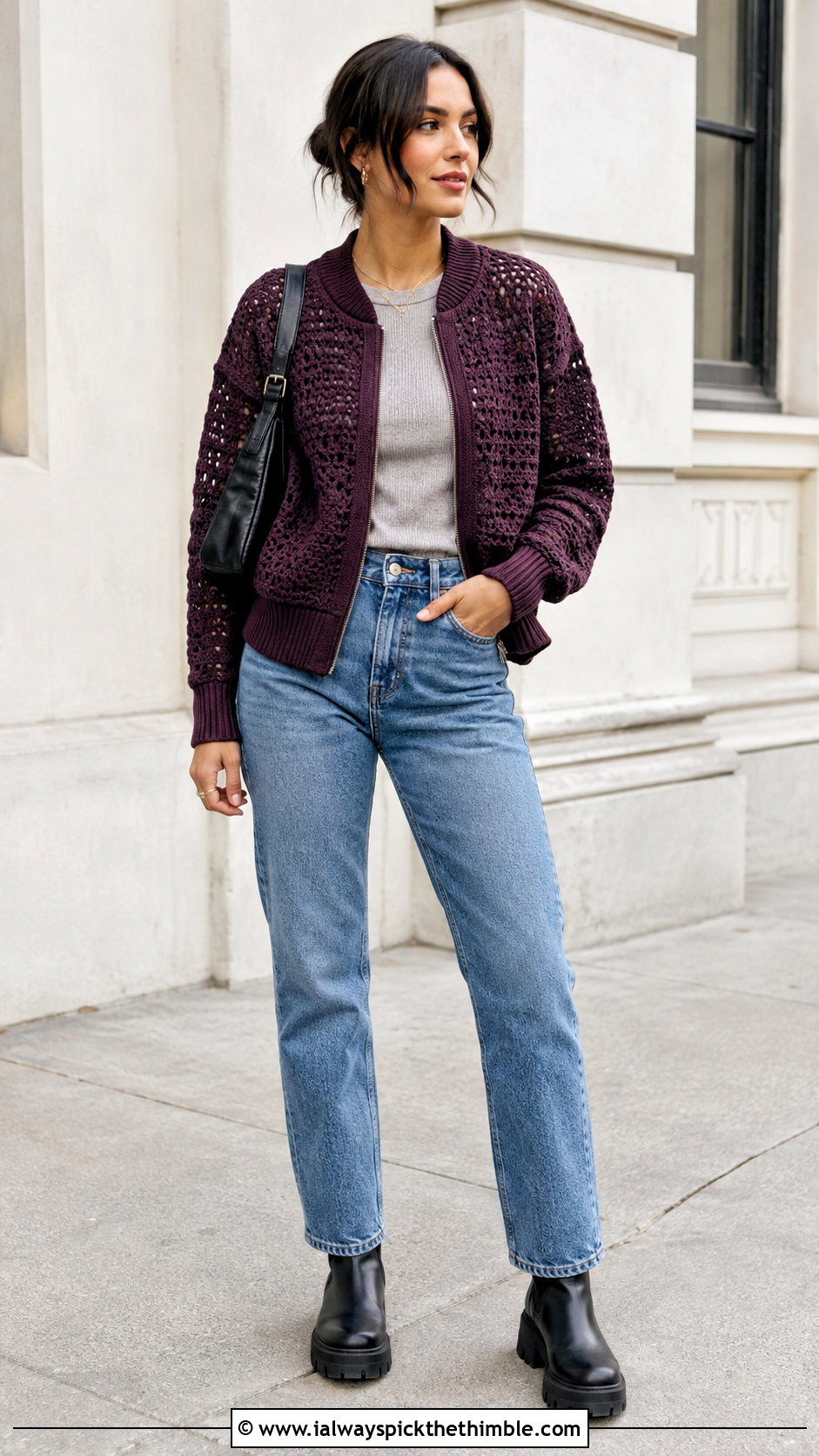 Crochet Bomber Jacket With Straight Leg Jeans - 25 crochet winter clothes and outfit ideas