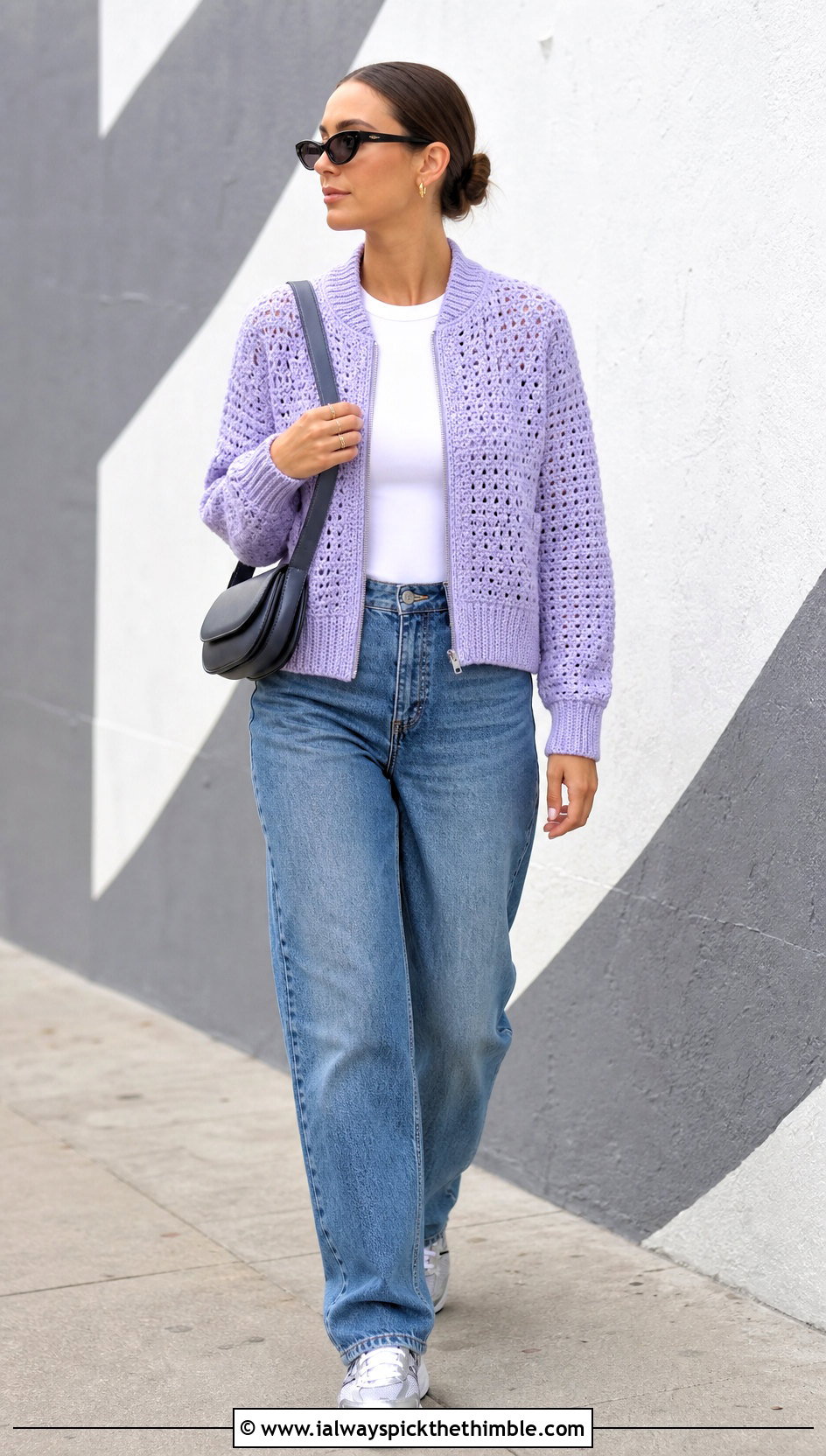 Crochet Bomber Jacket With Straight Leg Jeans - 15 Crochet Photo Shoot Outfits ideas