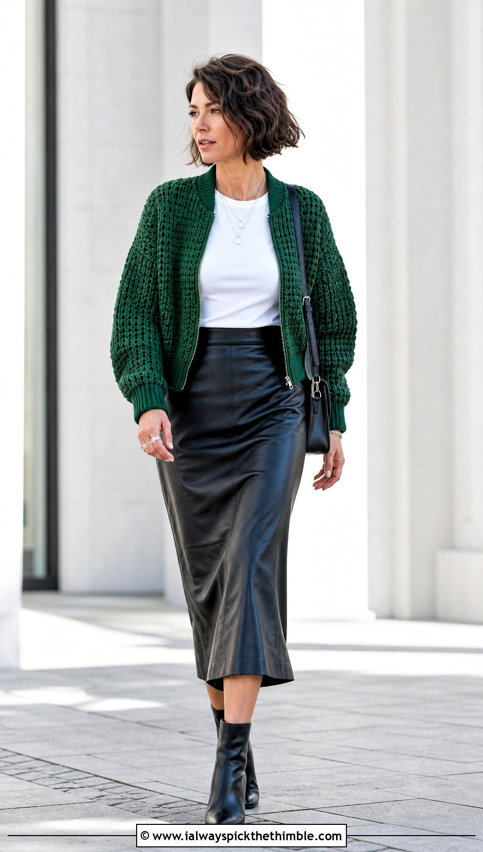 Crochet Bomber Jacket With T Shirt And Leather Skirt - 25 crochet clothes and outfit ideas