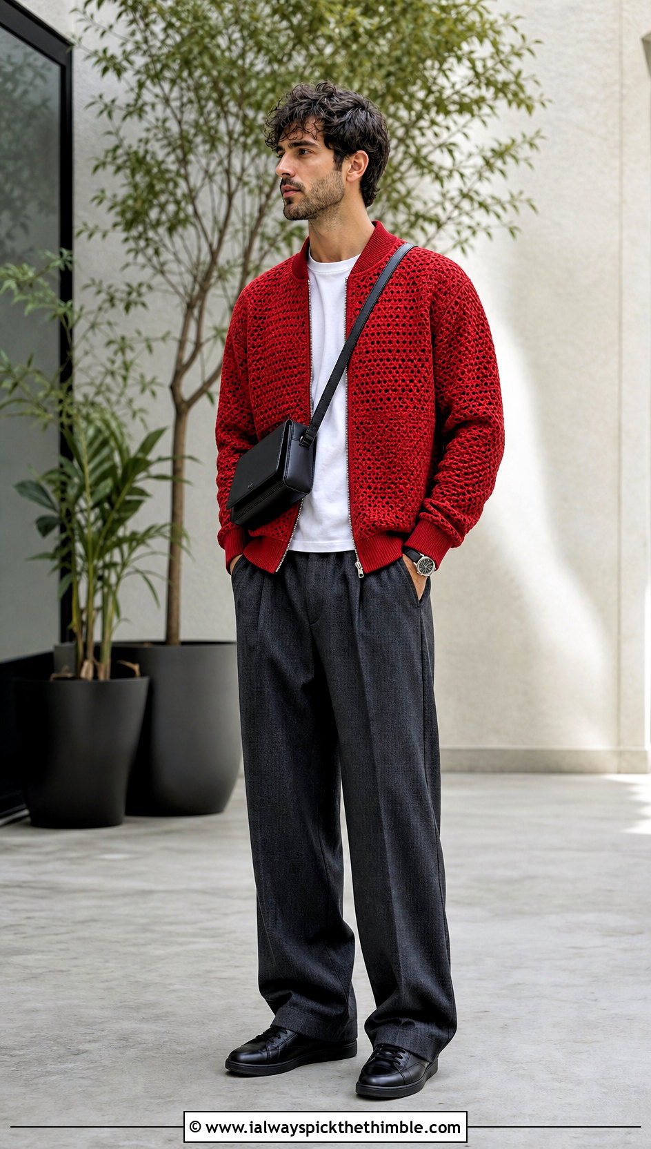 Crochet Bomber Jacket With T Shirt And Wool Pants - 25 crochet outfits for men outfit ideas