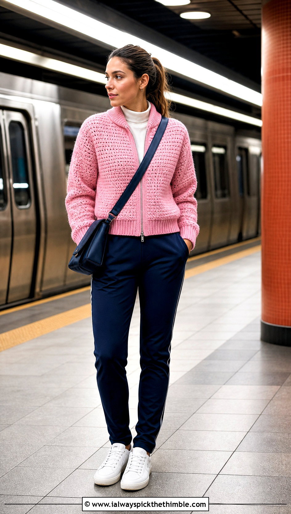 Crochet Bomber Jacket With Tailored Track Pants - 20 Winter Crochet Clothes and outfit ideas