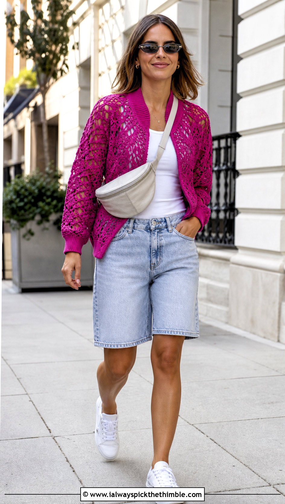 Crochet Bomber Jacket With Tank And Denim Shorts - 25 summer crochet clothes and outfit ideas